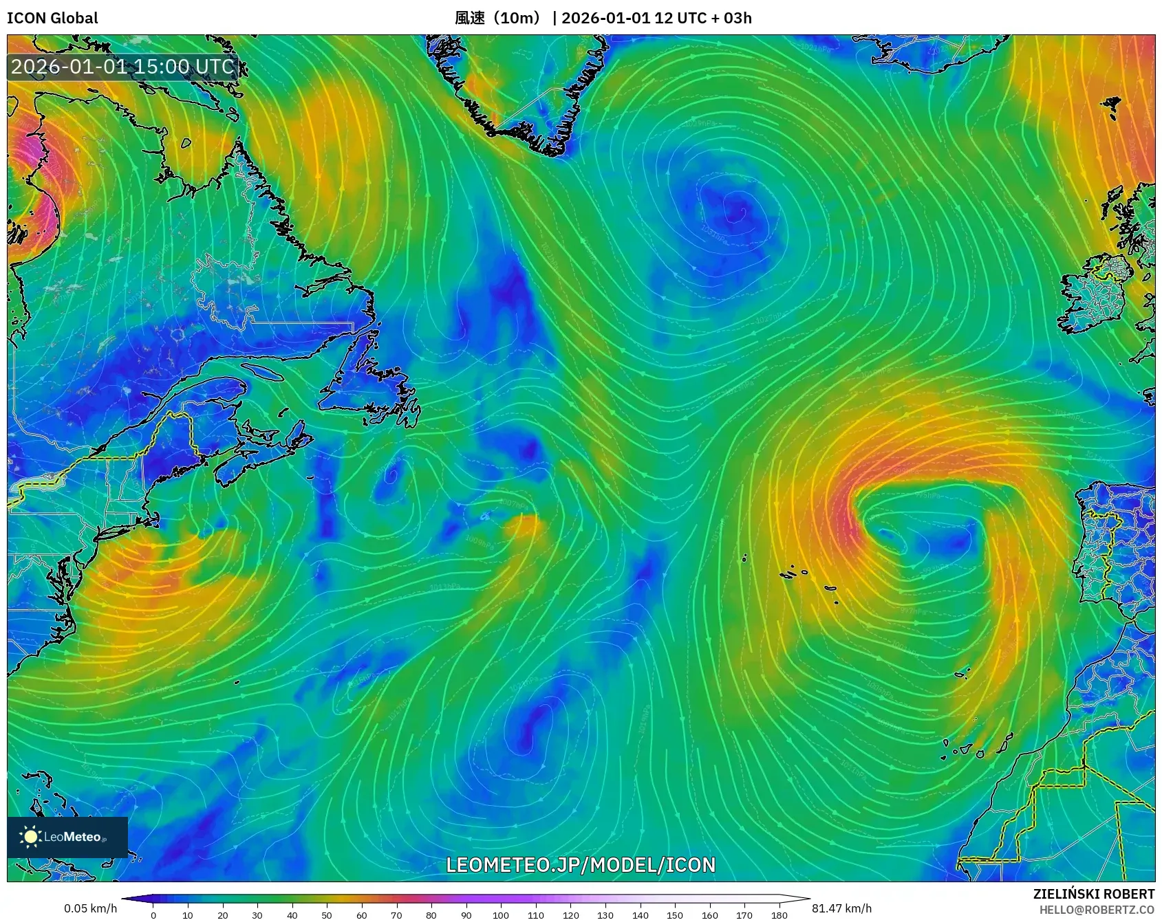 ICON model - 北大西洋, 風速（10m）