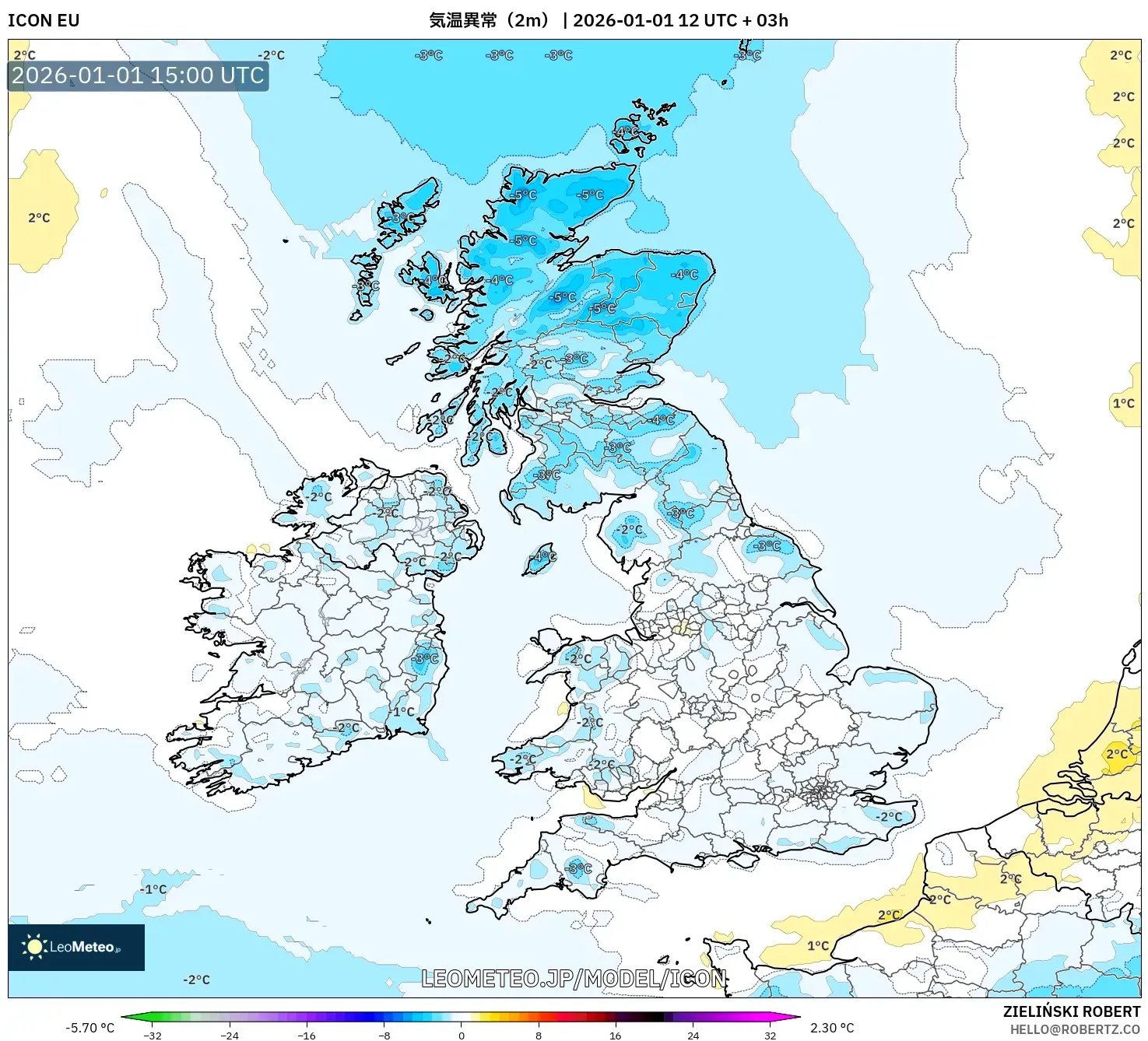 ICON model - イギリス, 気温異常（2m）