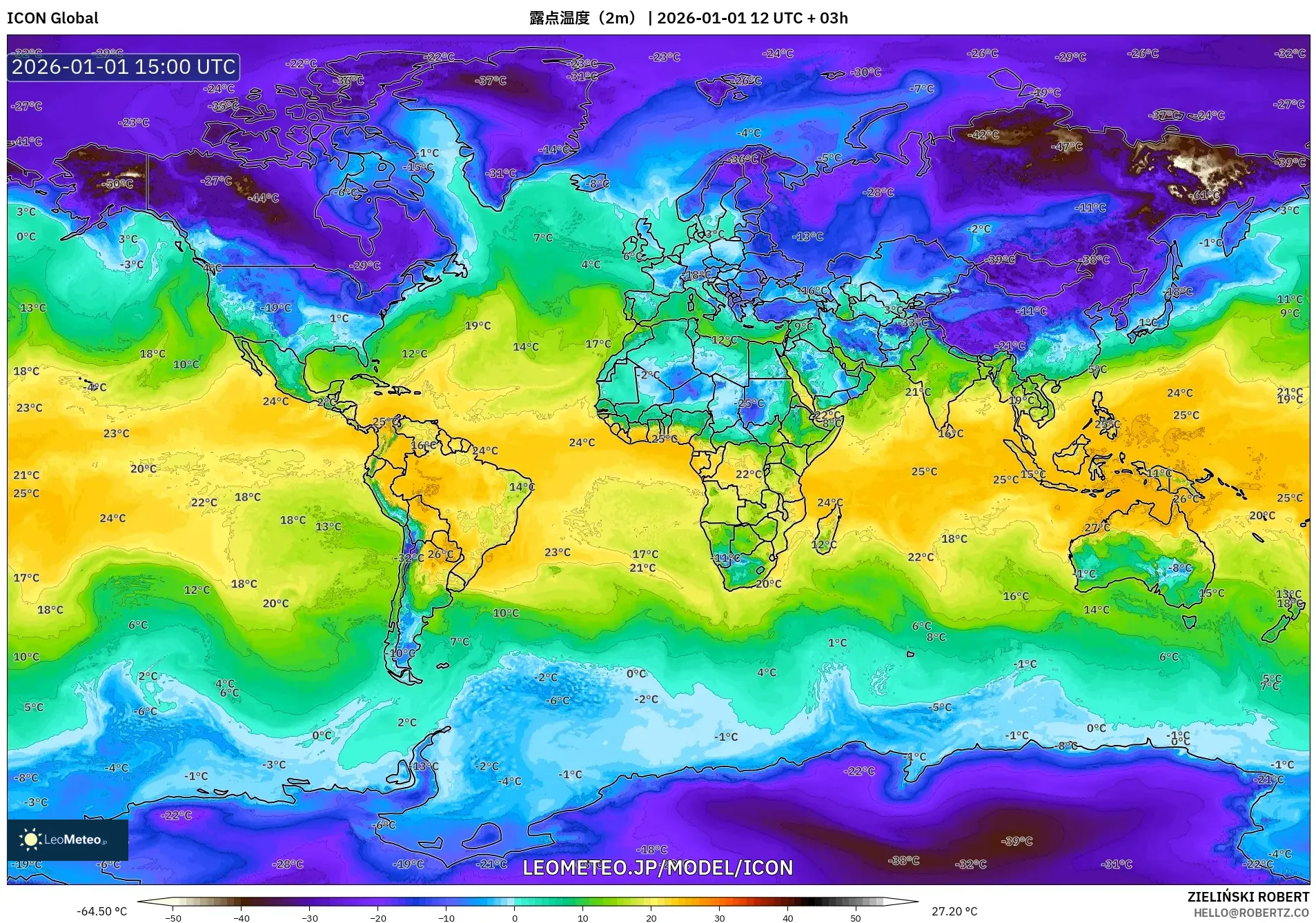 ICON model - 世界, 露点温度（2m）