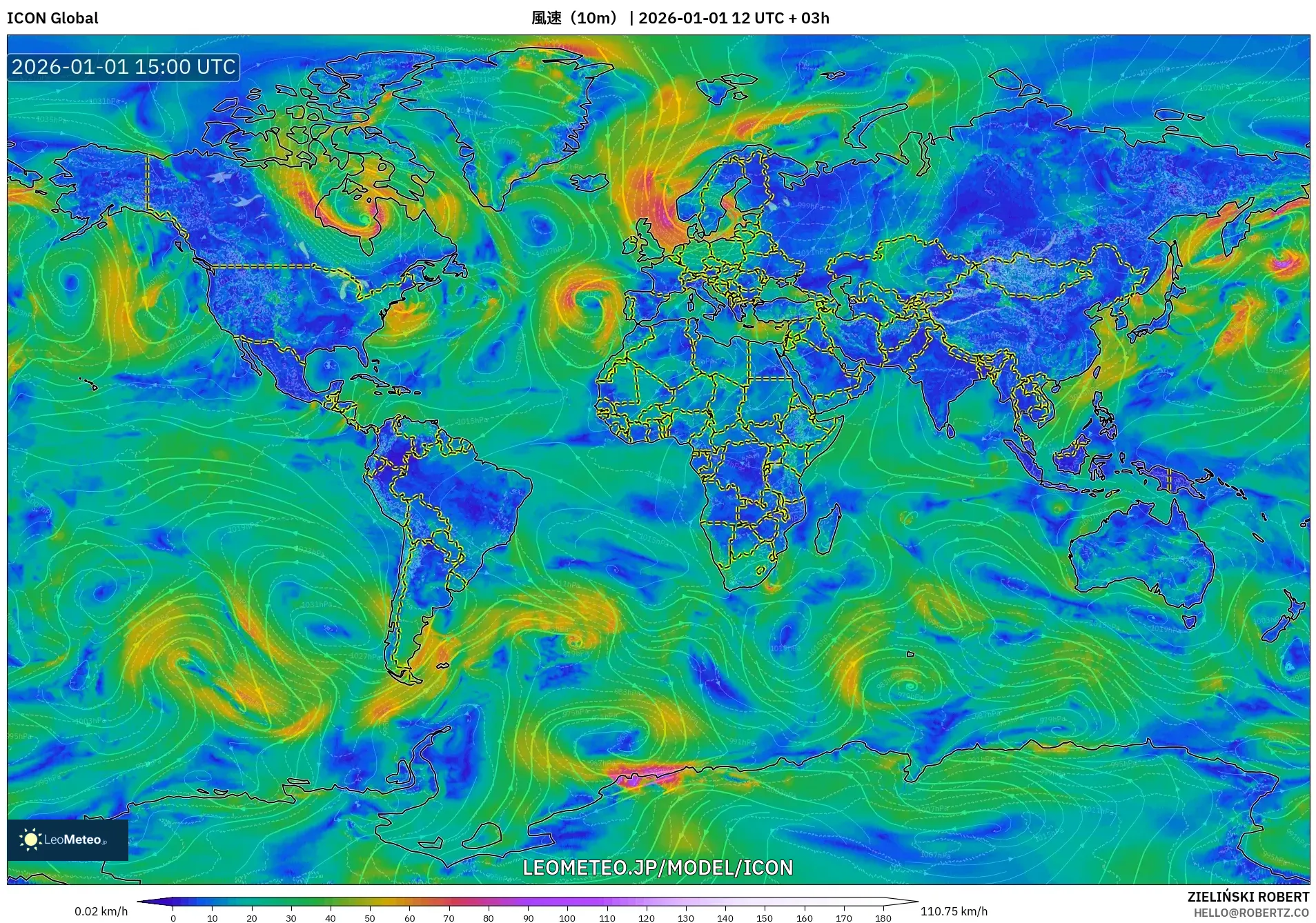 ICON model - 世界, 風速（10m）