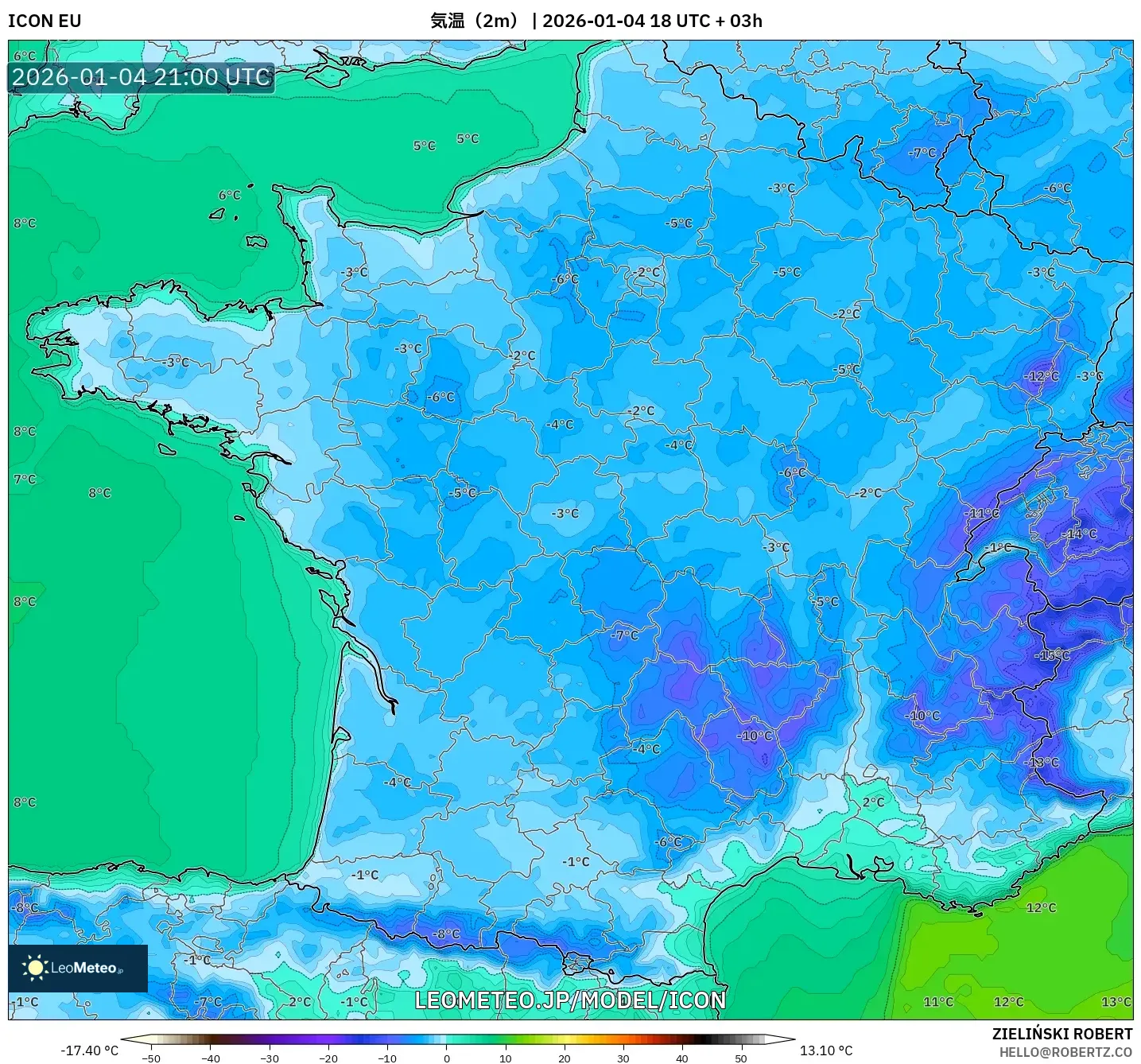 ICON model - フランス, 気温（2m）