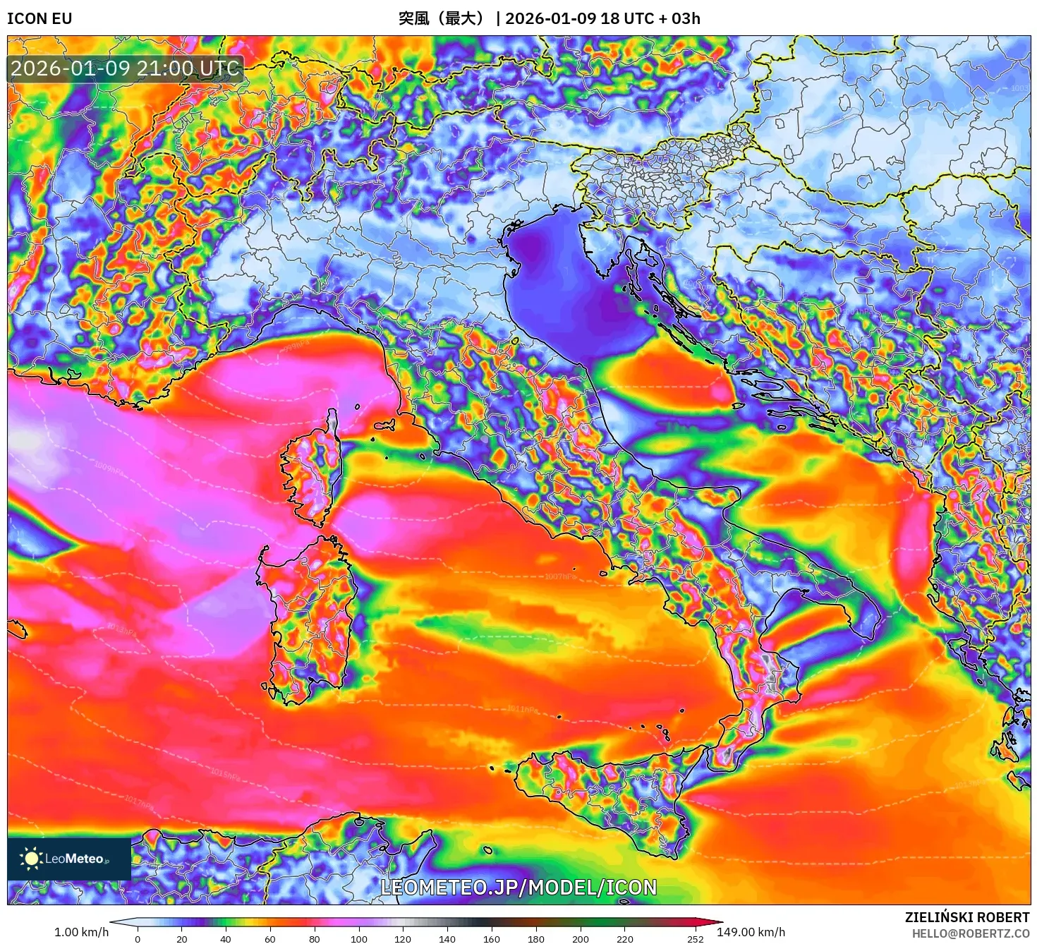 ICON model - イタリア, 突風（最大）