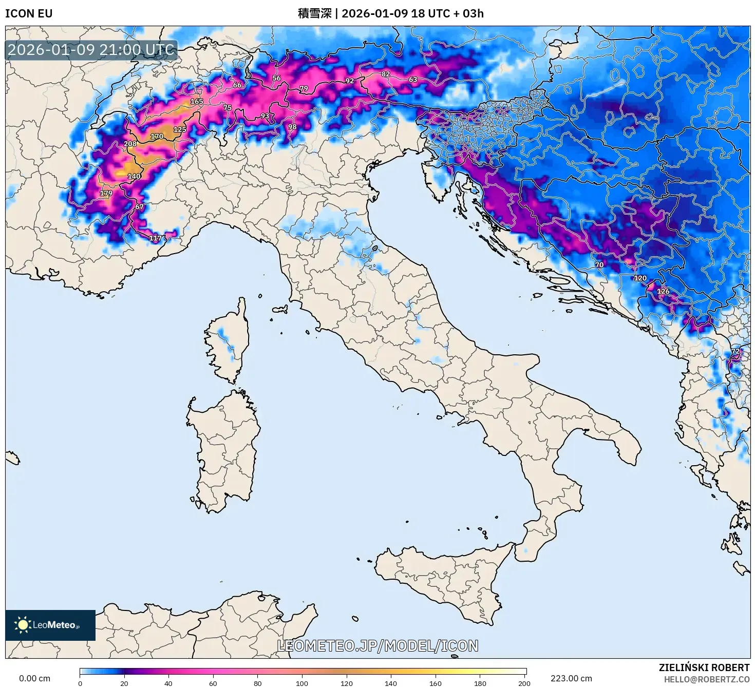 ICON model - イタリア, 積雪深