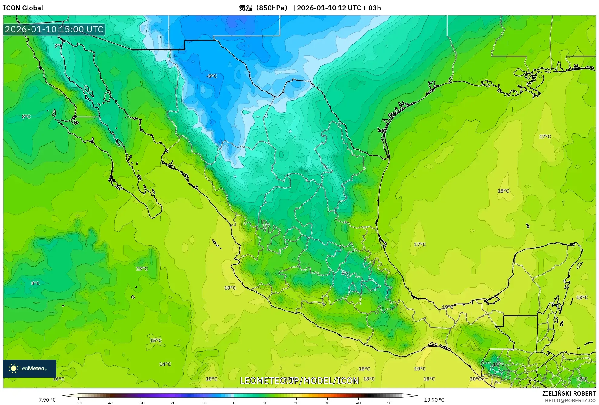 ICON model - メキシコ, 気温（850hPa）