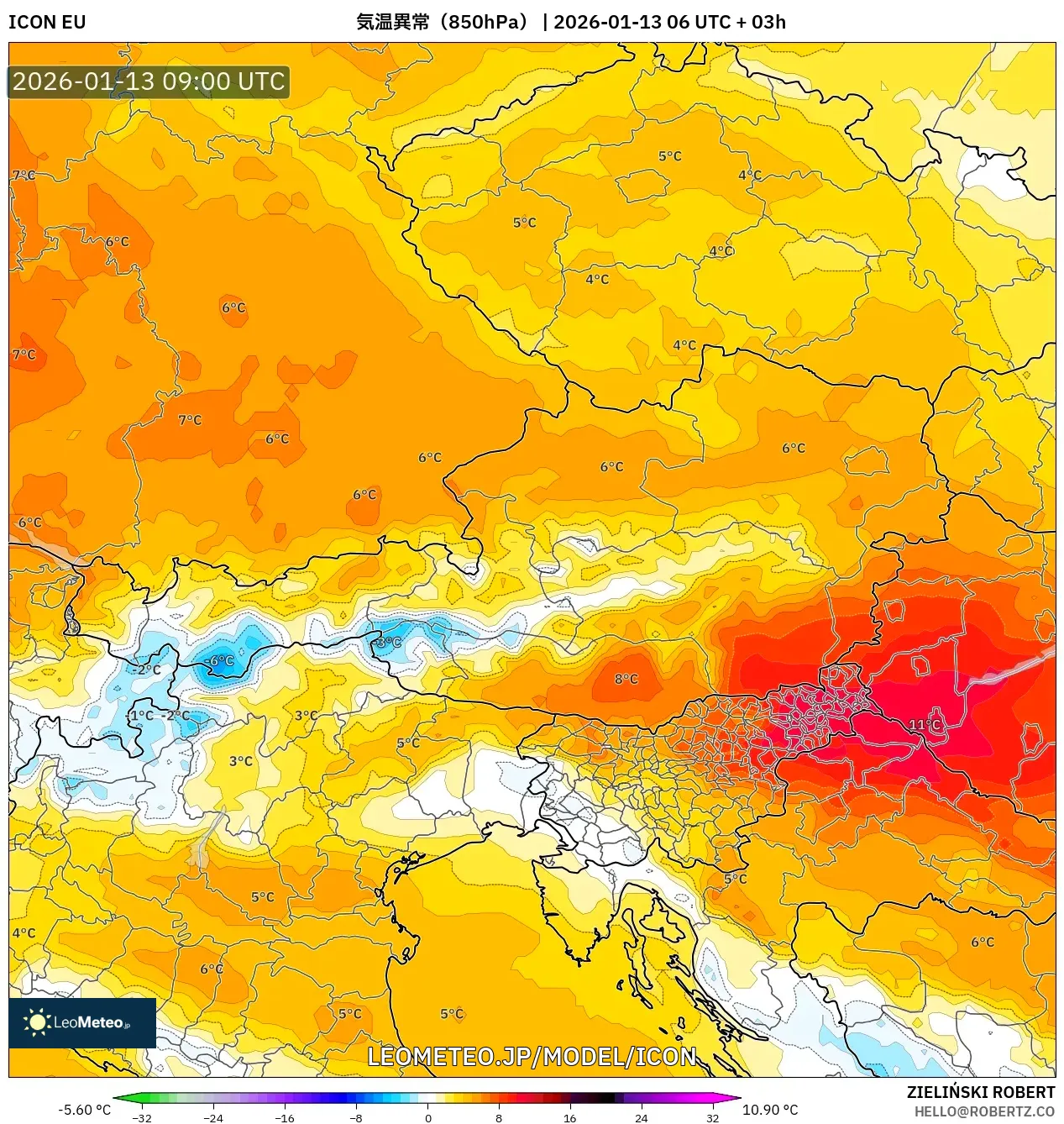 ICON model - オーストリア, 気温異常（850hPa）