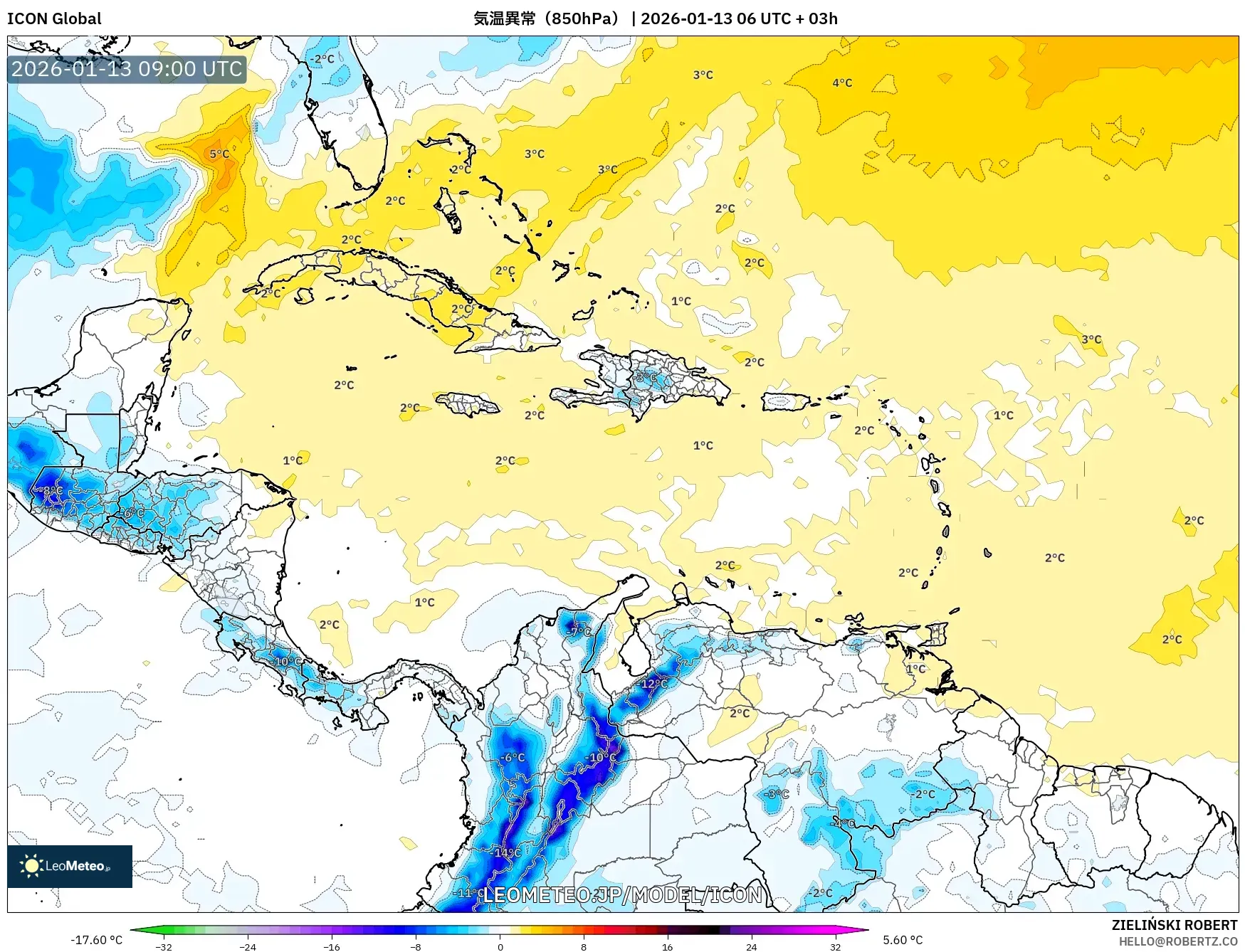 ICON model - カリブ海, 気温異常（850hPa）