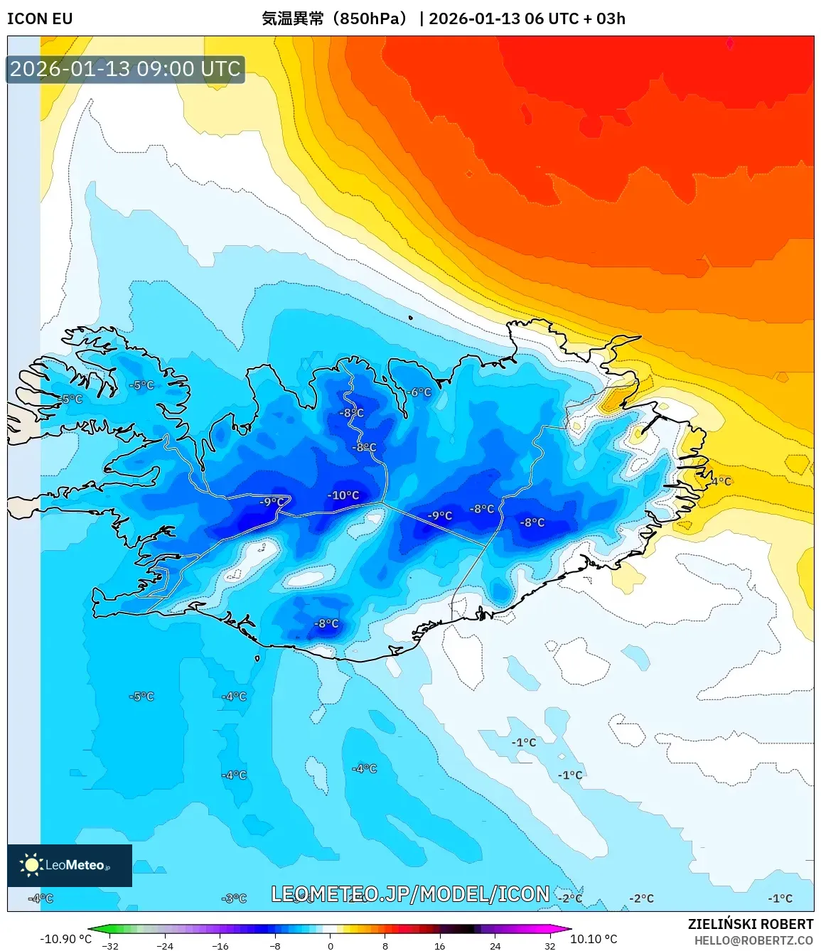 ICON model - アイスランド, 気温異常（850hPa）