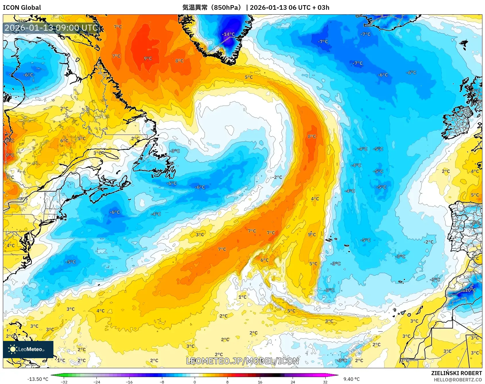 ICON model - 北大西洋, 気温異常（850hPa）