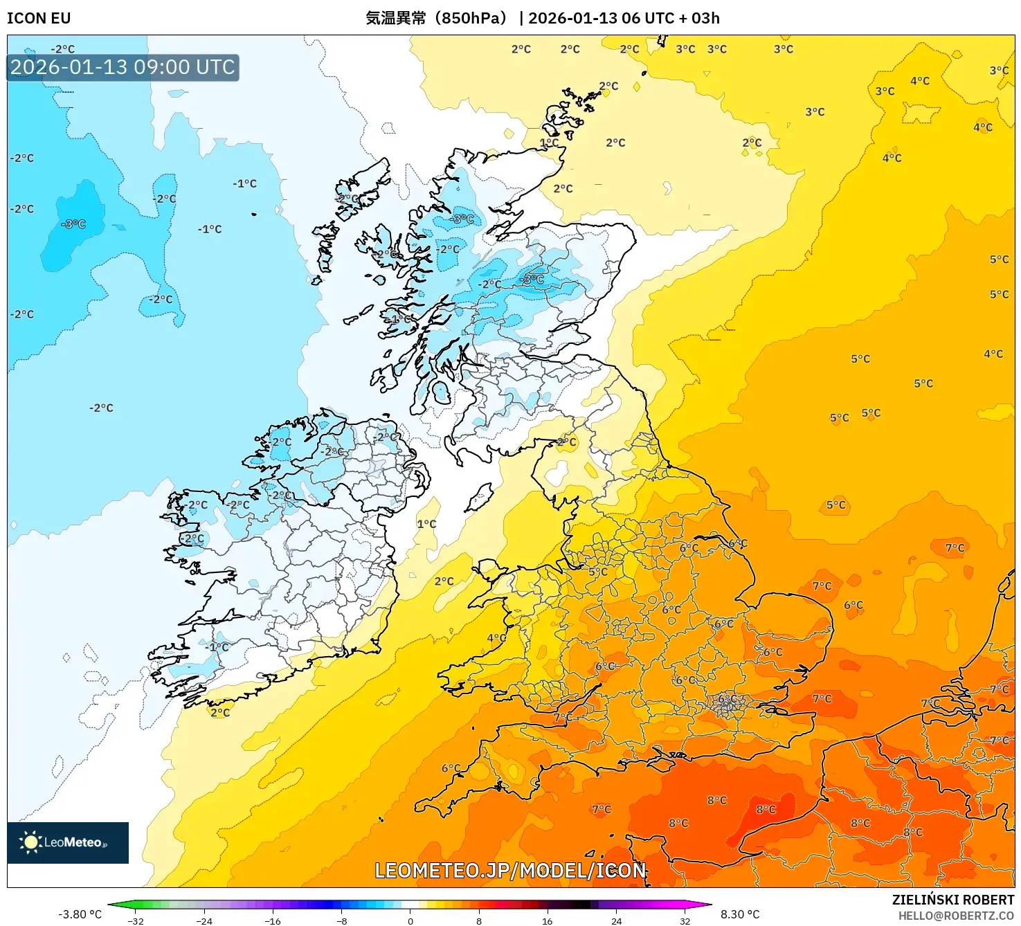 ICON model - イギリス, 気温異常（850hPa）