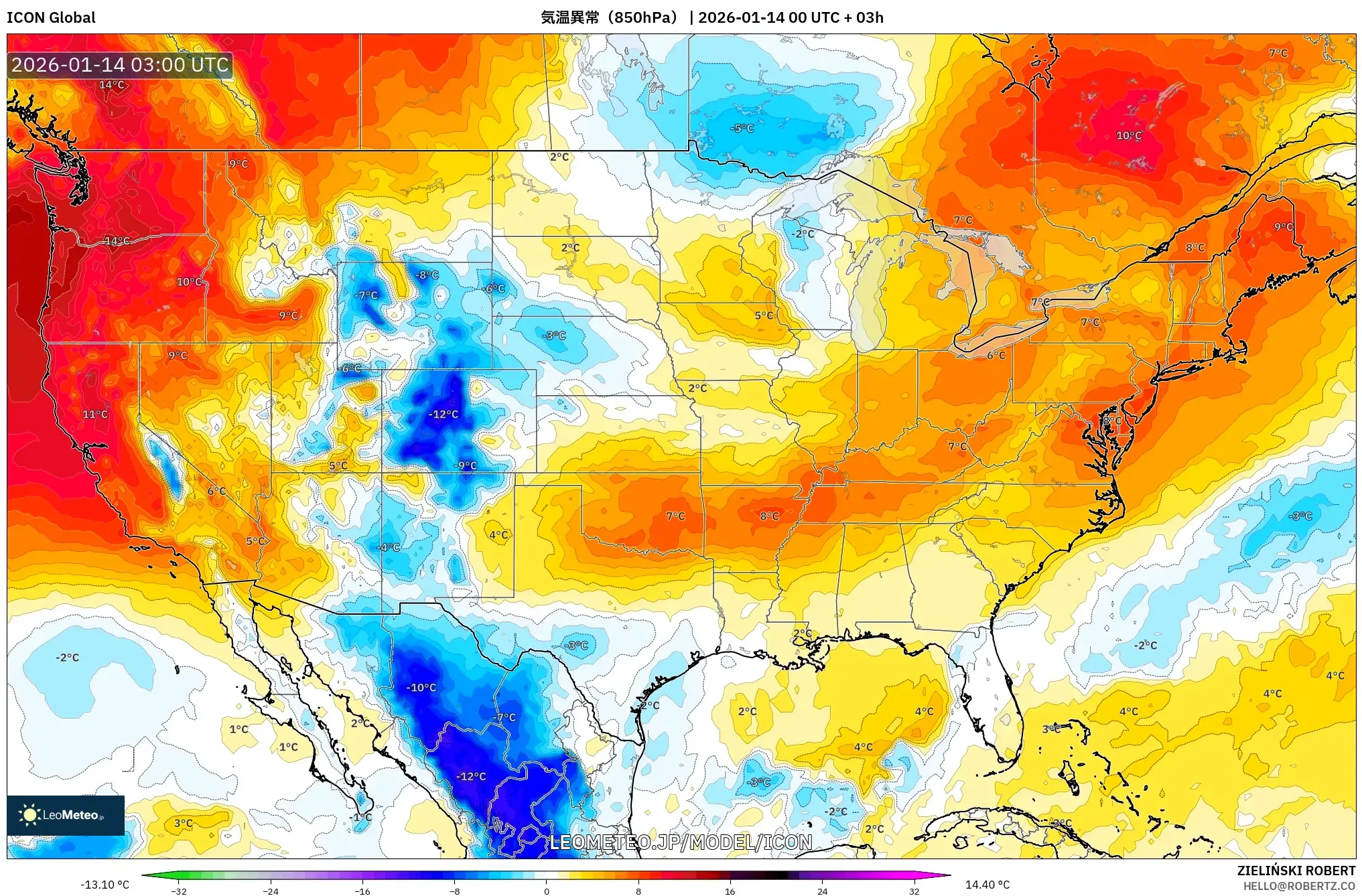 ICON model - アメリカ合衆国, 気温異常（850hPa）