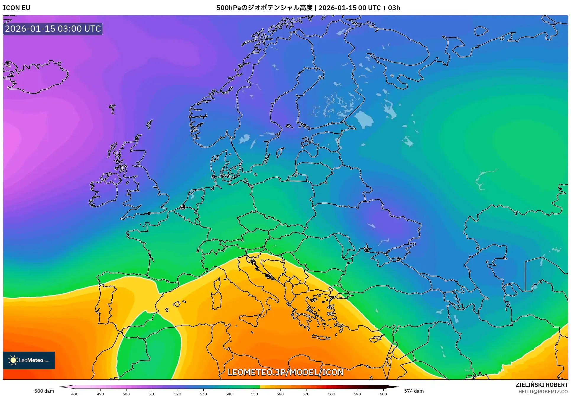 ICON model - ヨーロッパ, 500hPaのジオポテンシャル高度