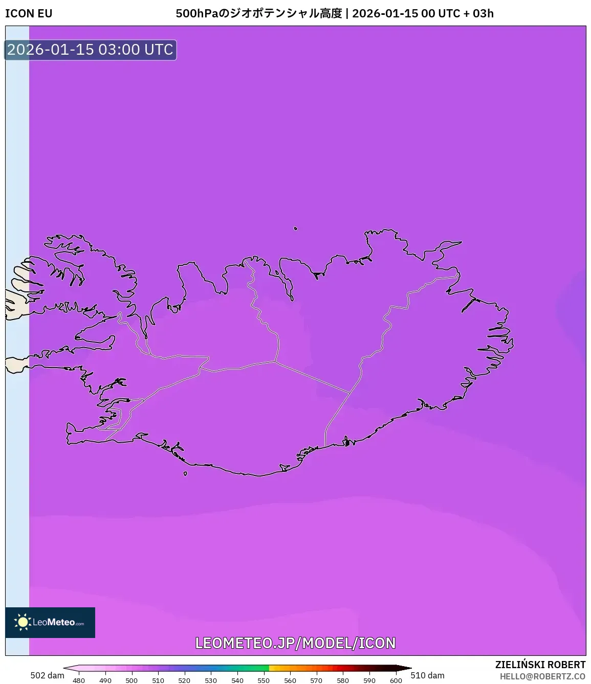 ICON model - アイスランド, 500hPaのジオポテンシャル高度