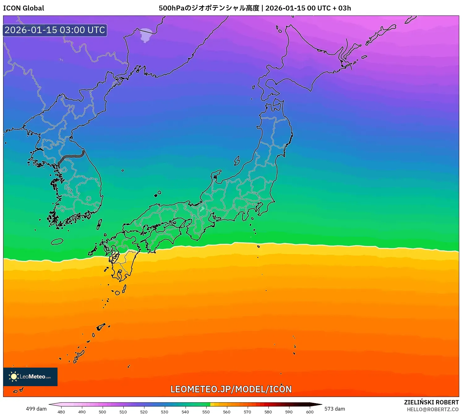 ICON model - 日本, 500hPaのジオポテンシャル高度
