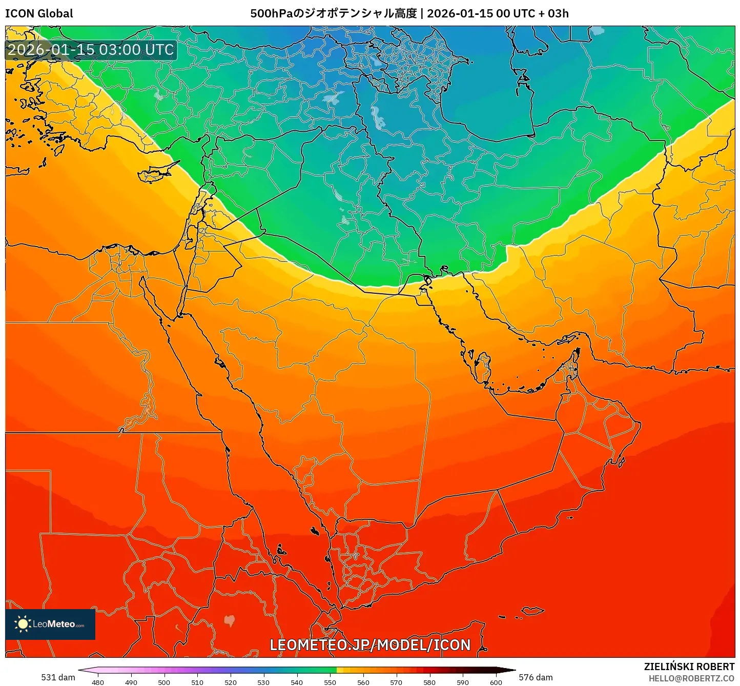 ICON model - 中東, 500hPaのジオポテンシャル高度