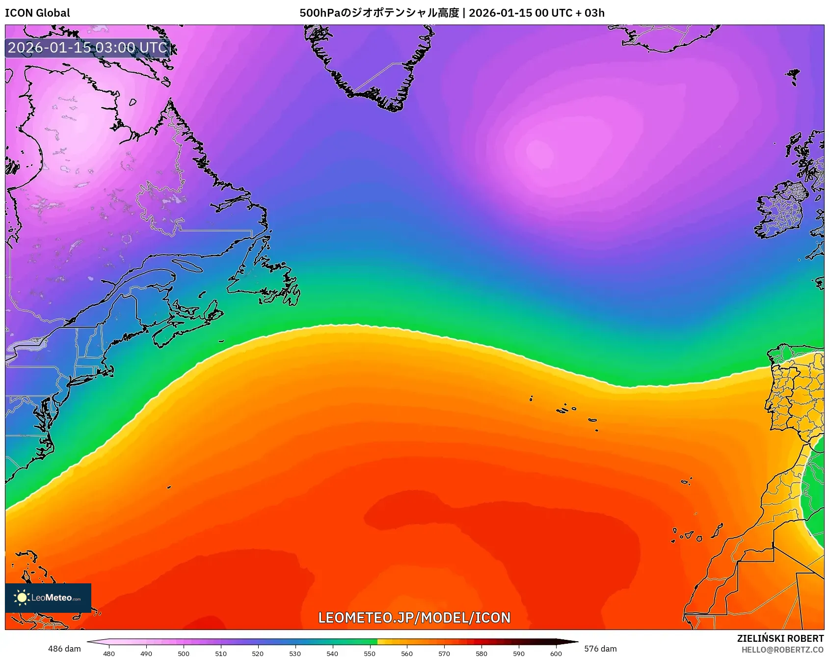 ICON model - 北大西洋, 500hPaのジオポテンシャル高度