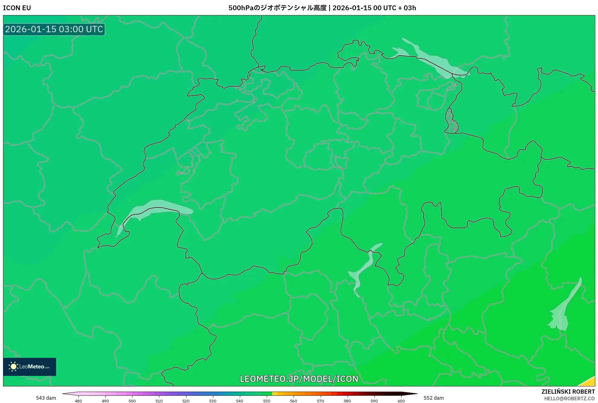 ICON model - スイス, 500hPaのジオポテンシャル高度