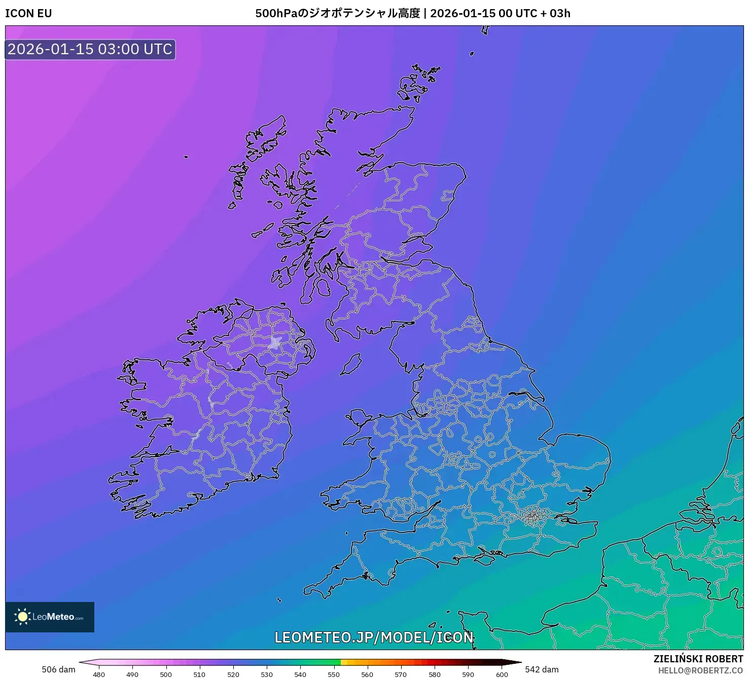 ICON model - イギリス, 500hPaのジオポテンシャル高度