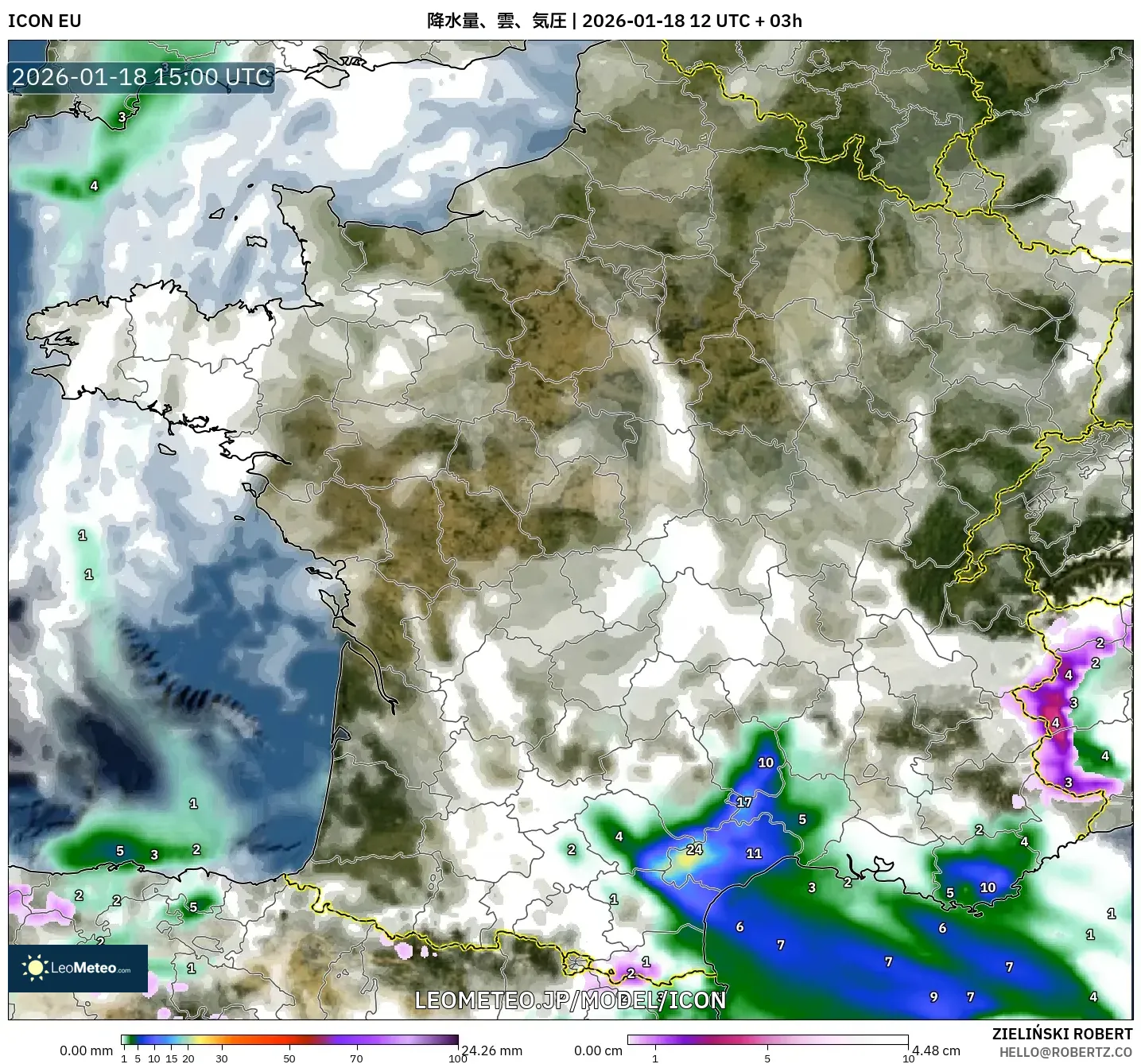 ICON model - フランス, 降水量、雲、気圧