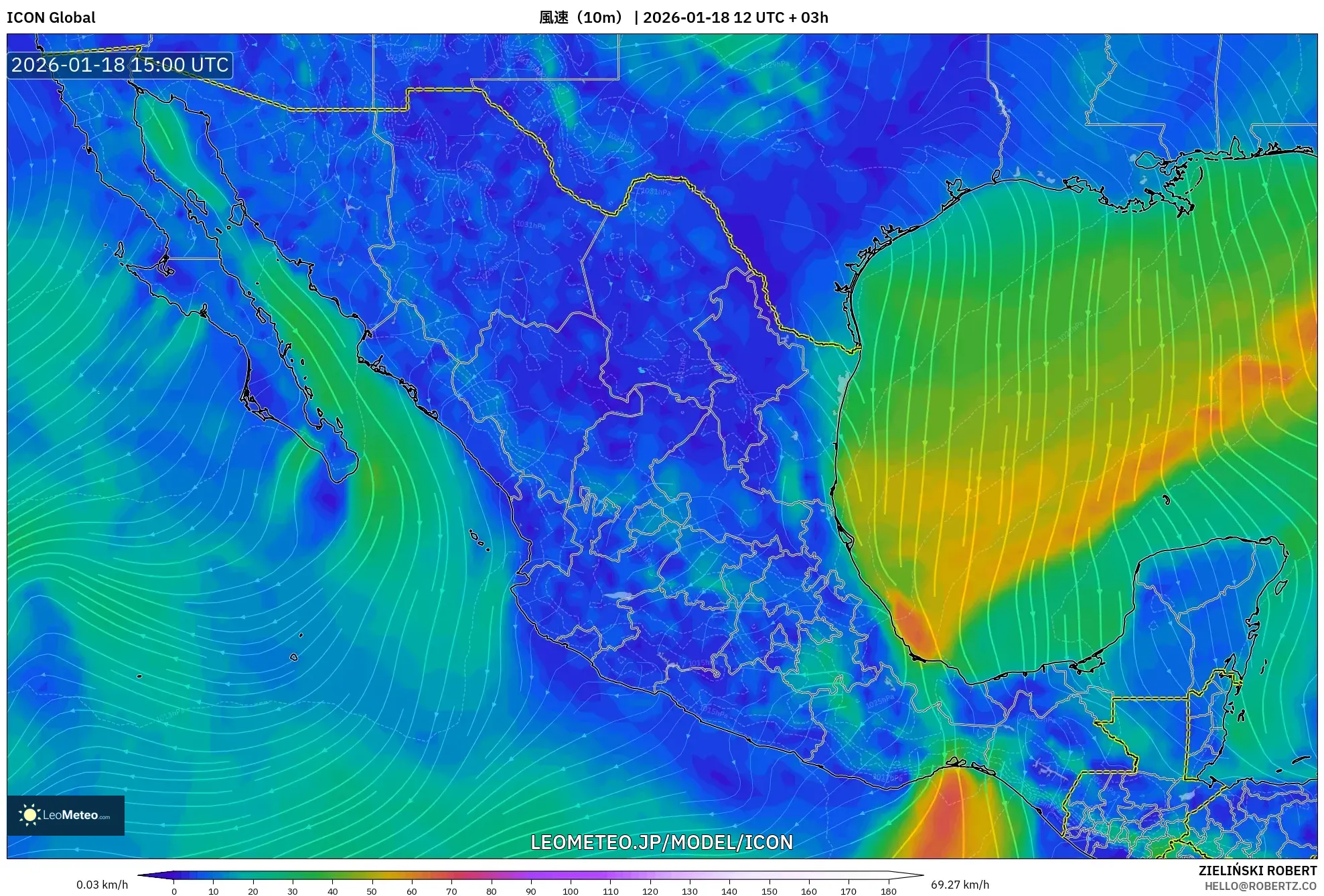 ICON model - メキシコ, 風速（10m）