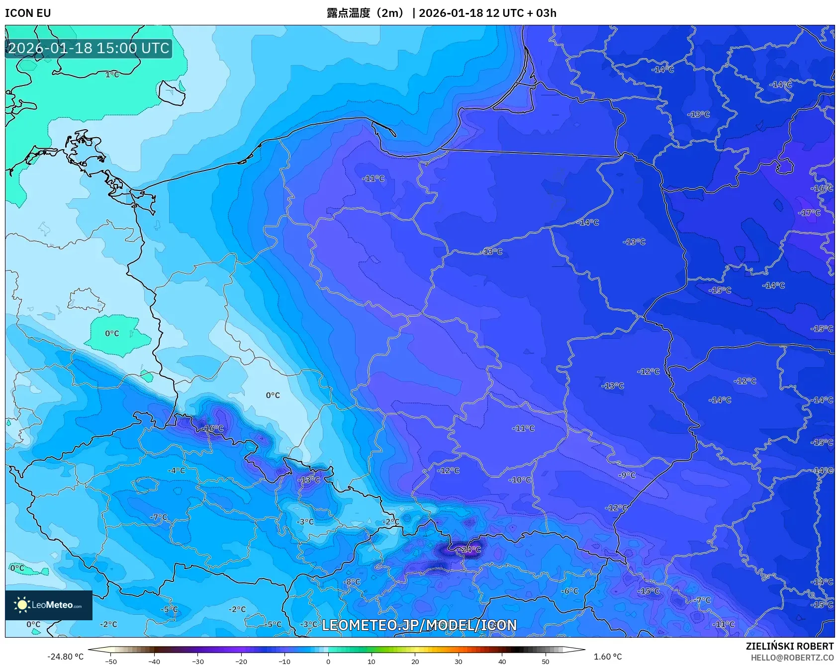 ICON model - ポーランド, 露点温度（2m）