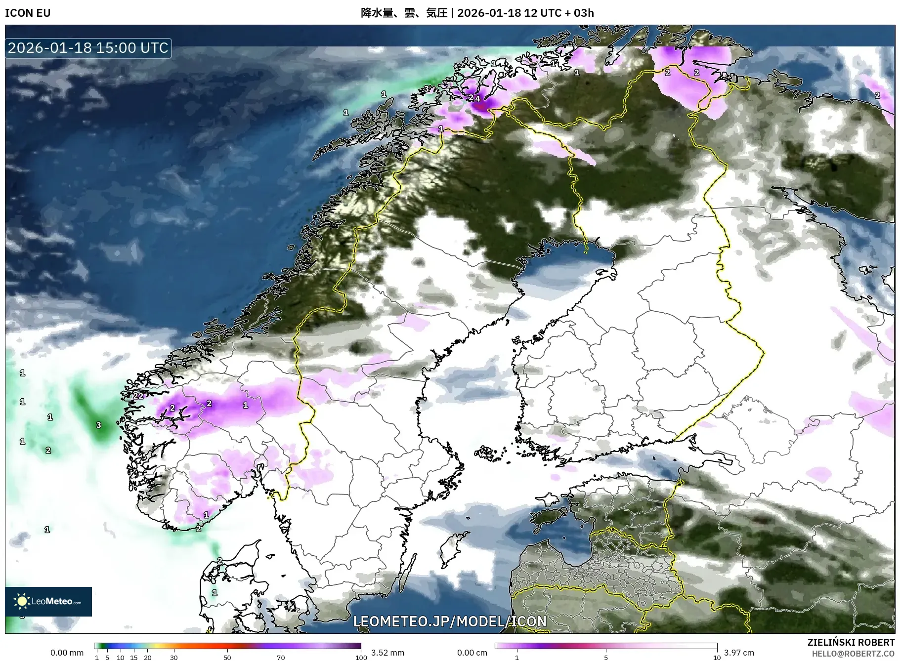 ICON model - スカンジナビア, 降水量、雲、気圧