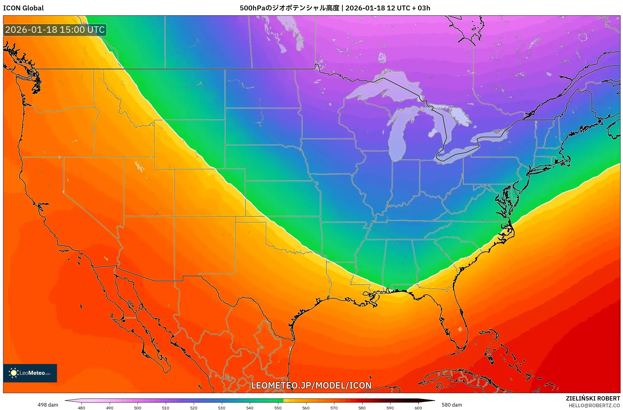ICON model - アメリカ合衆国, 500hPaのジオポテンシャル高度