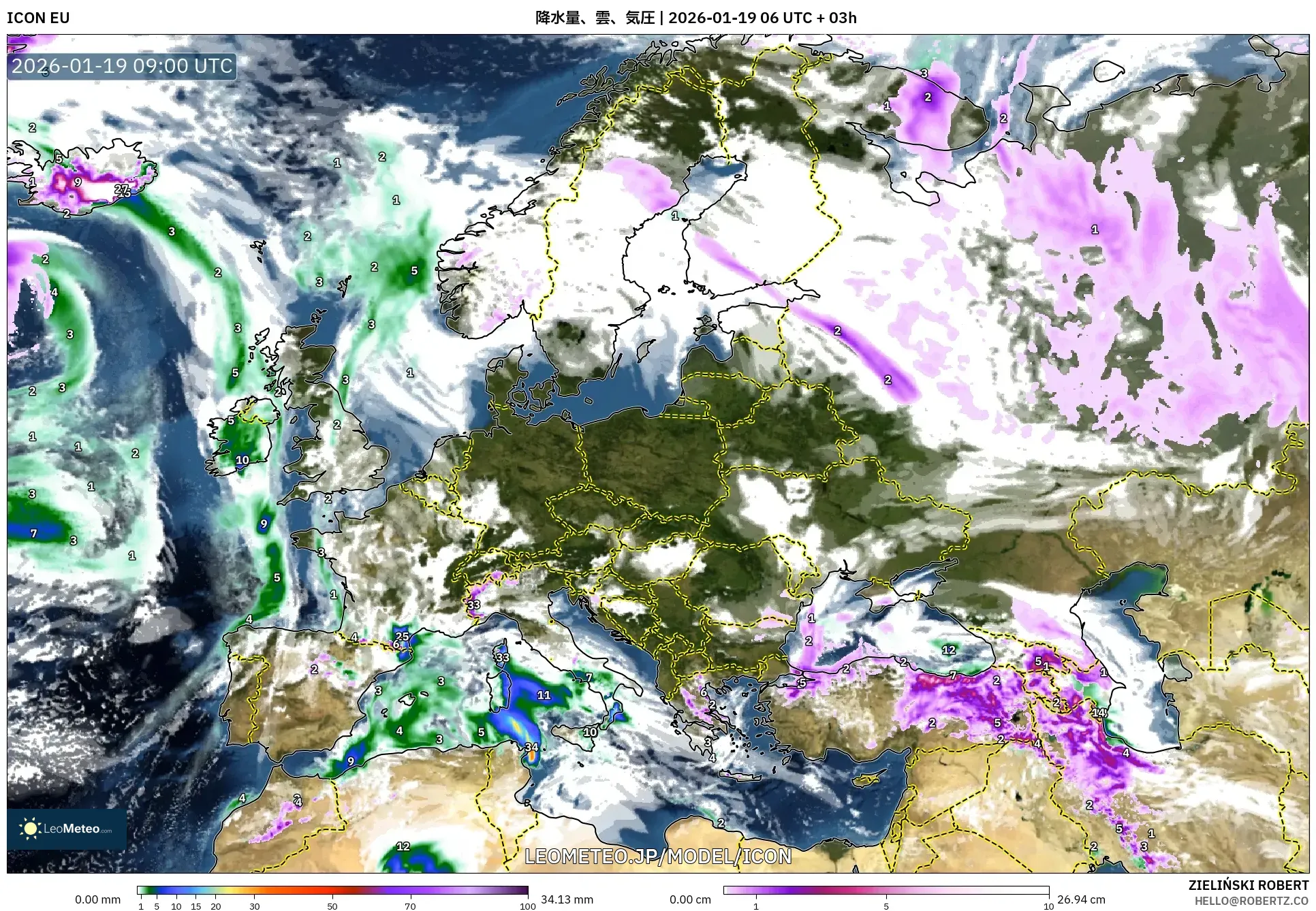 ICON model - ヨーロッパ, 降水量、雲、気圧