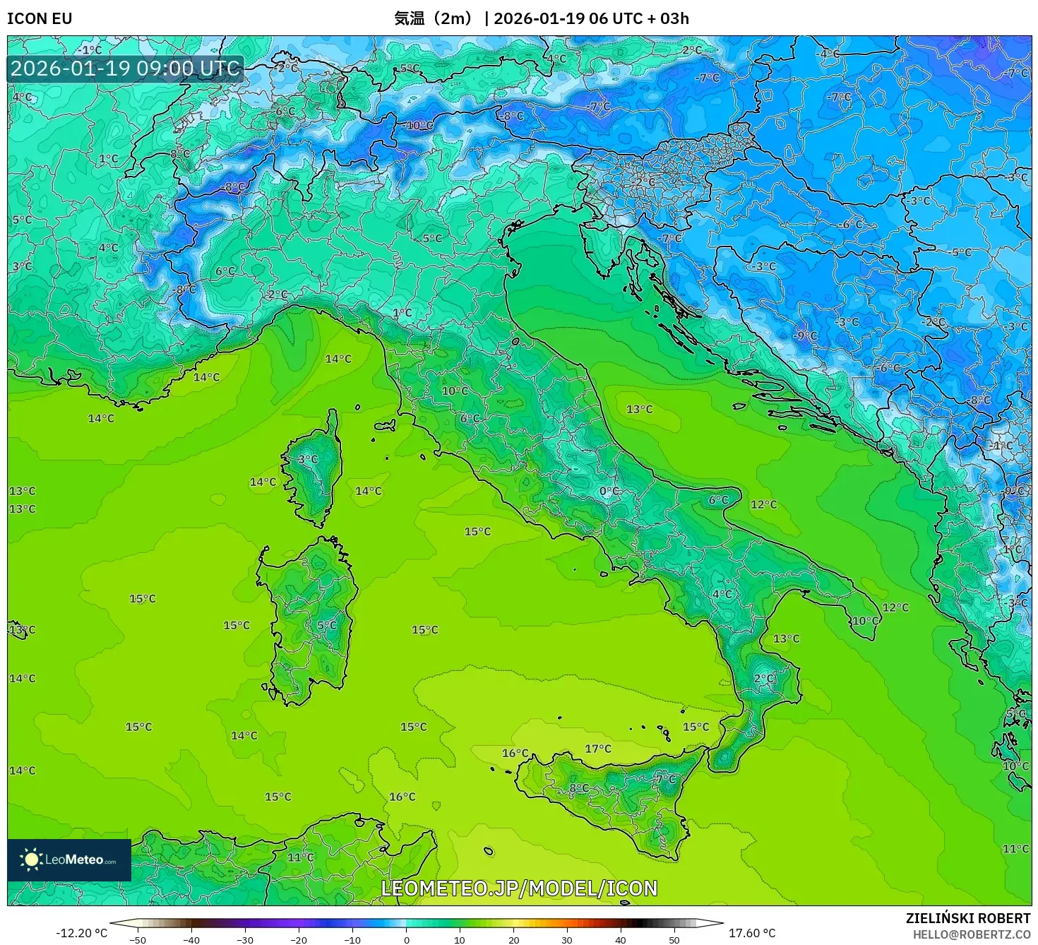 ICON model - イタリア, 気温（2m）