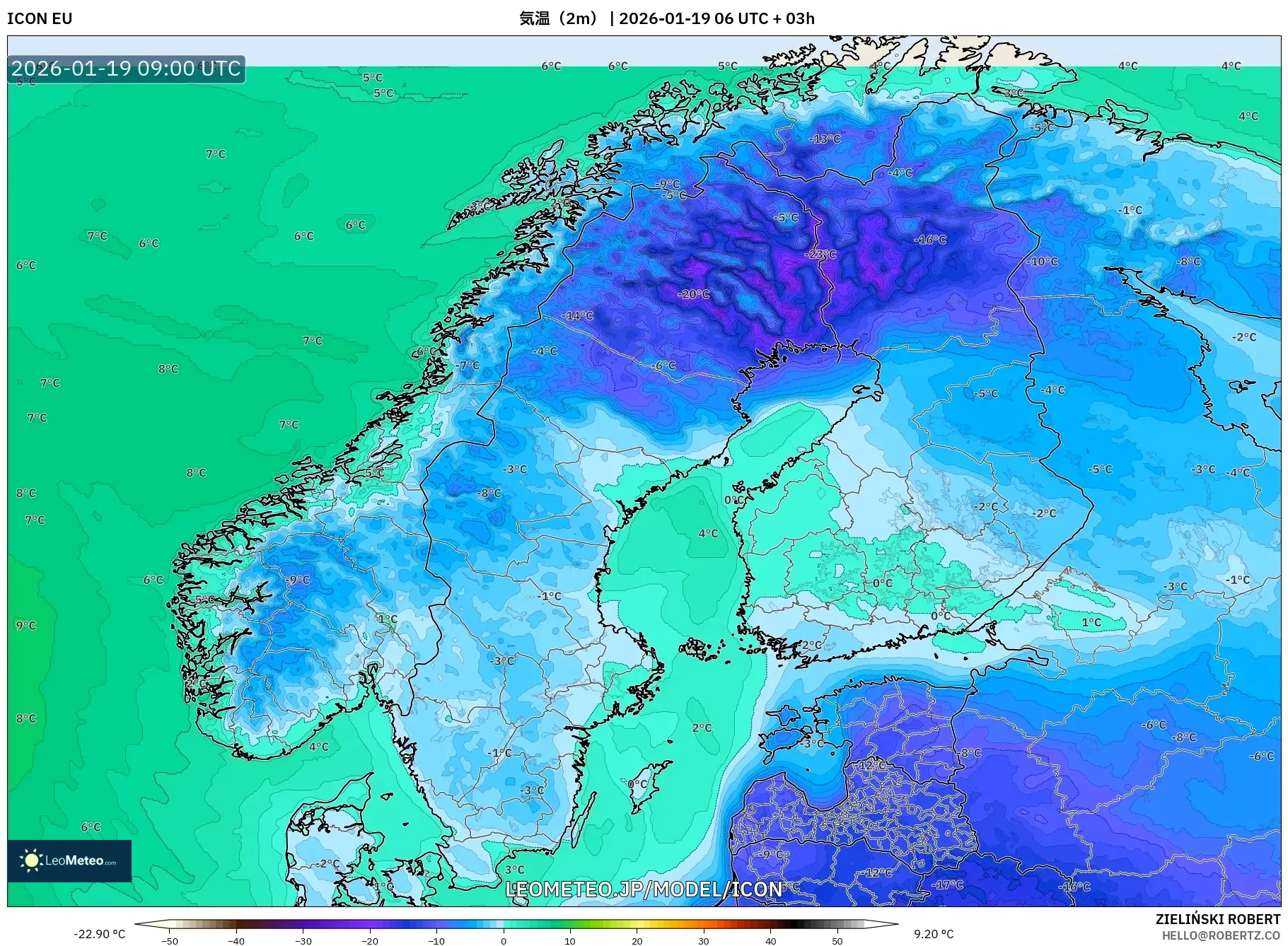 ICON model - スカンジナビア, 気温（2m）