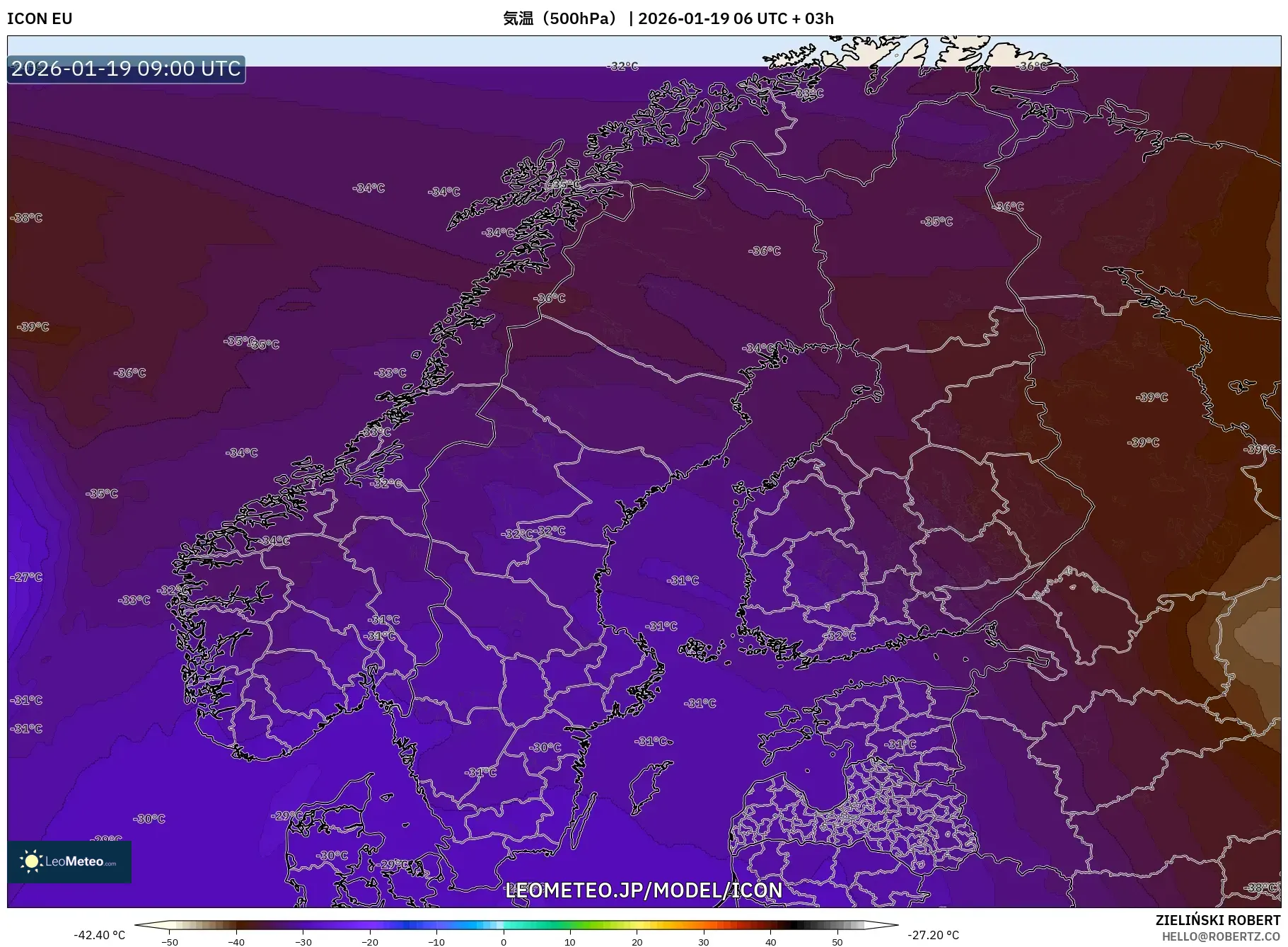 ICON model - スカンジナビア, 気温（500hPa）