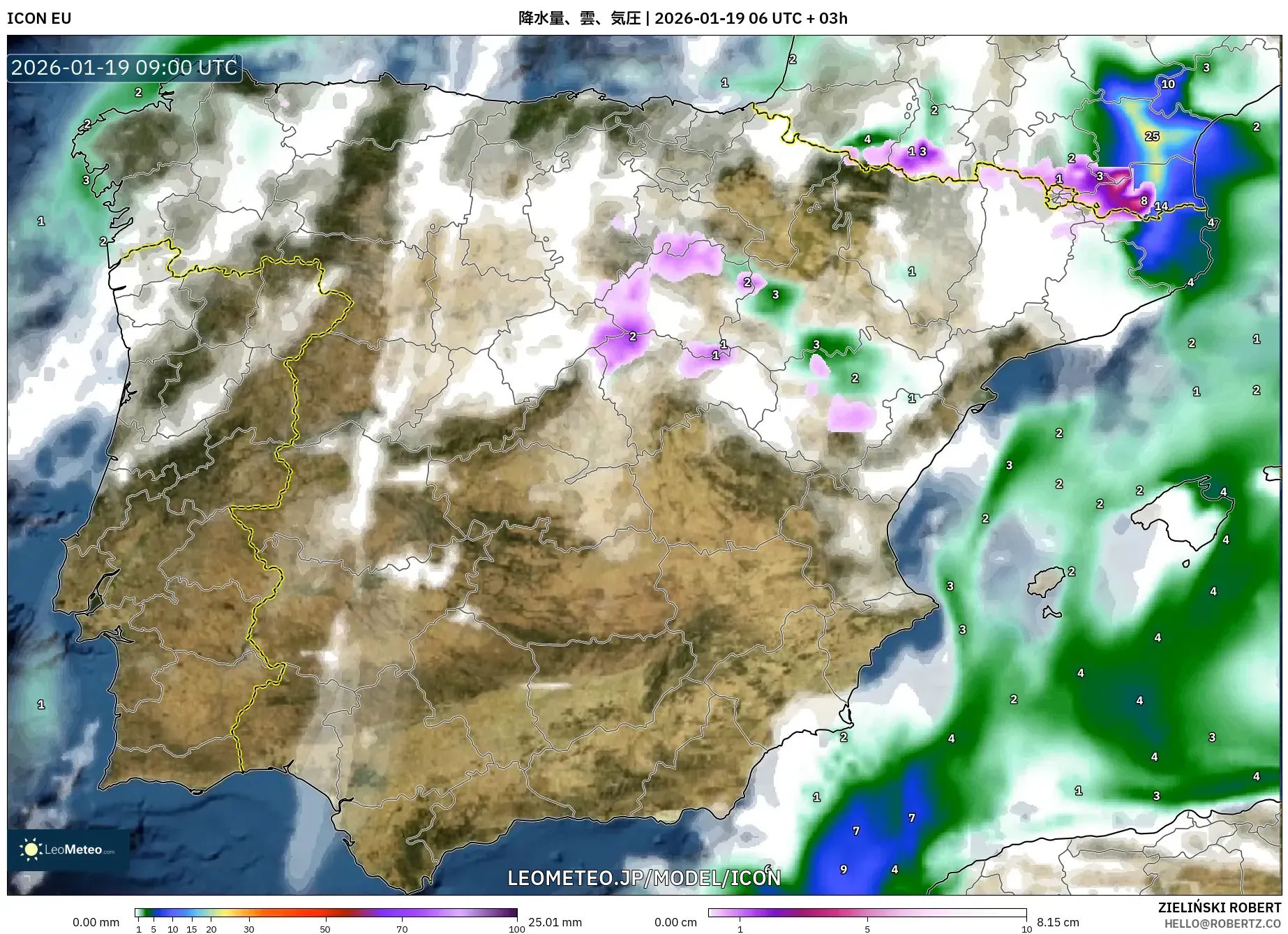 ICON model - スペイン, 降水量、雲、気圧