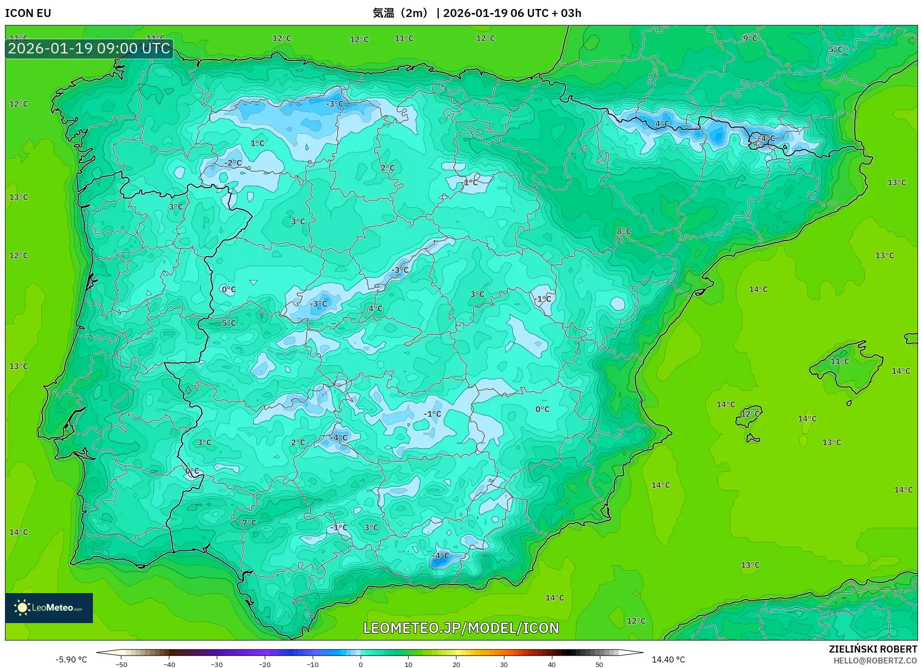 ICON model - スペイン, 気温（2m）