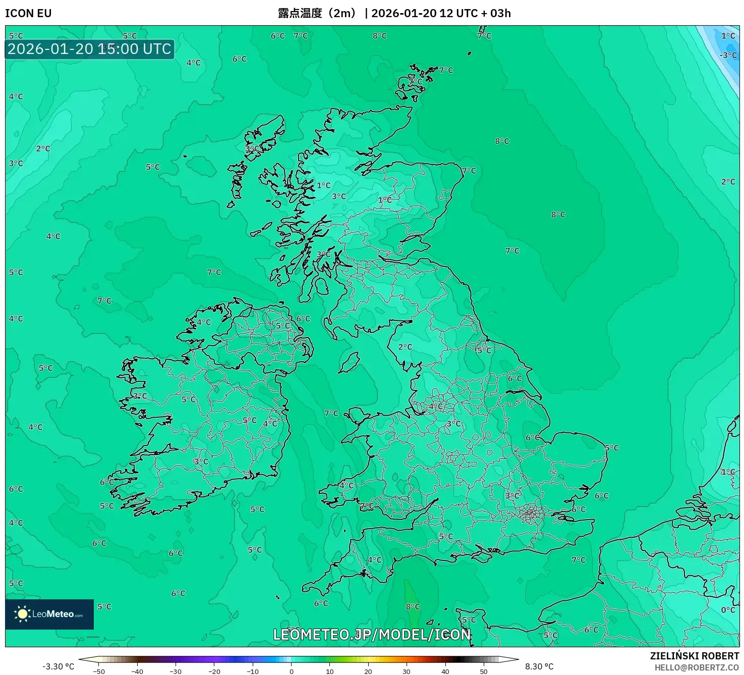 ICON model - イギリス, 露点温度（2m）