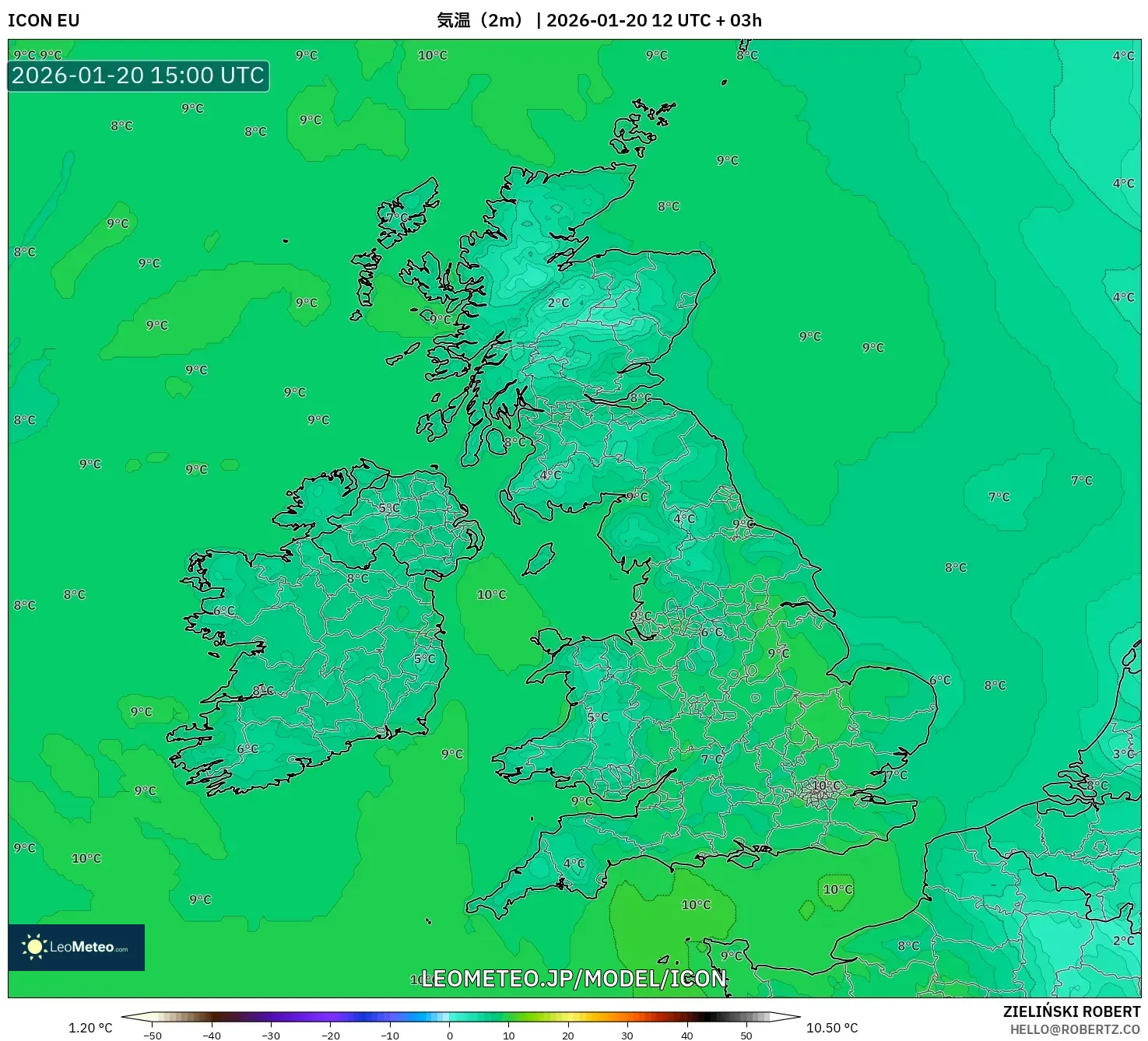 ICON model - イギリス, 気温（2m）