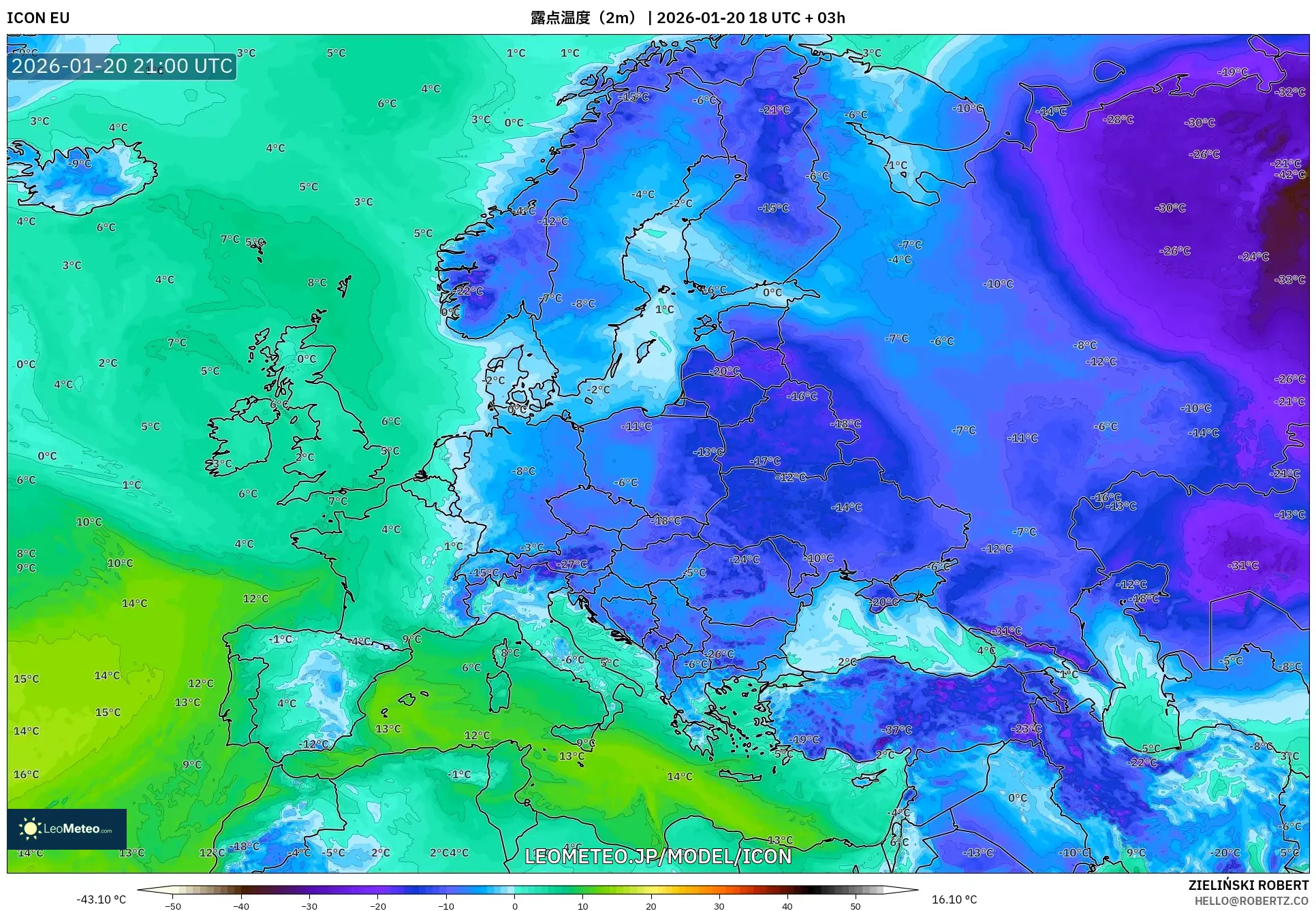 ICON model - ヨーロッパ, 露点温度（2m）