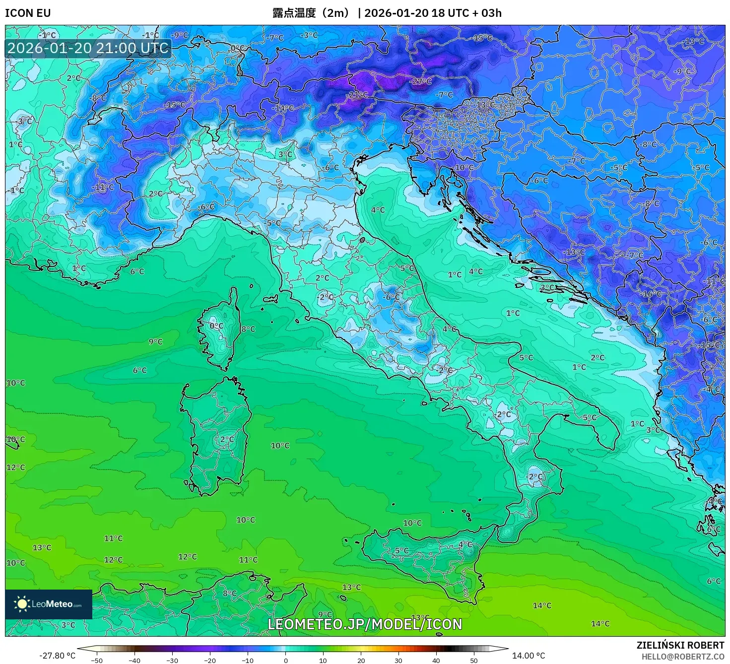 ICON model - イタリア, 露点温度（2m）