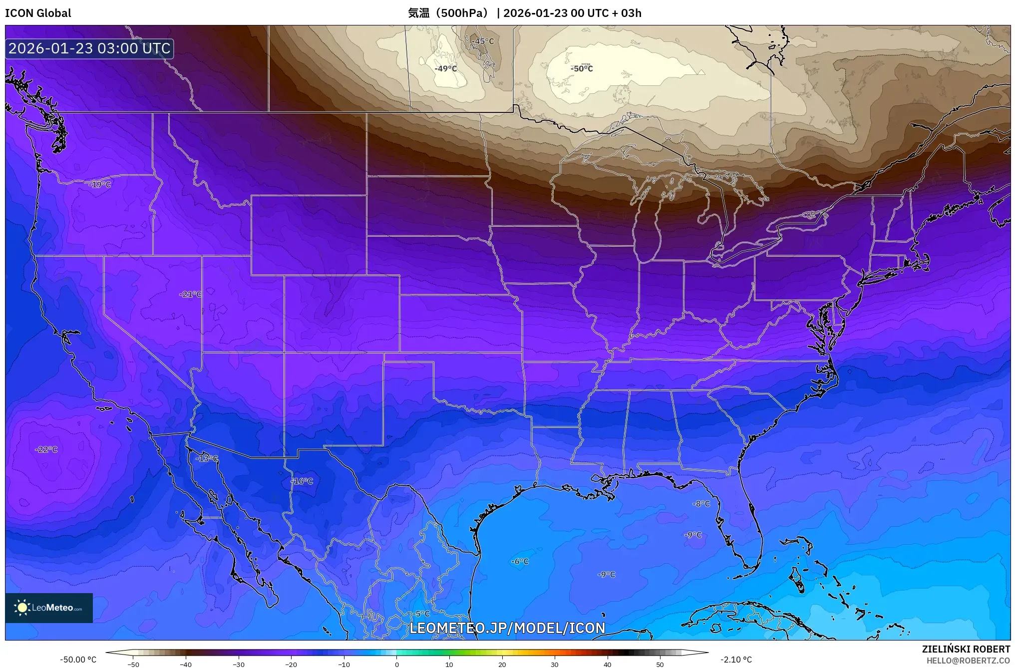 ICON model - アメリカ合衆国, 気温（500hPa）