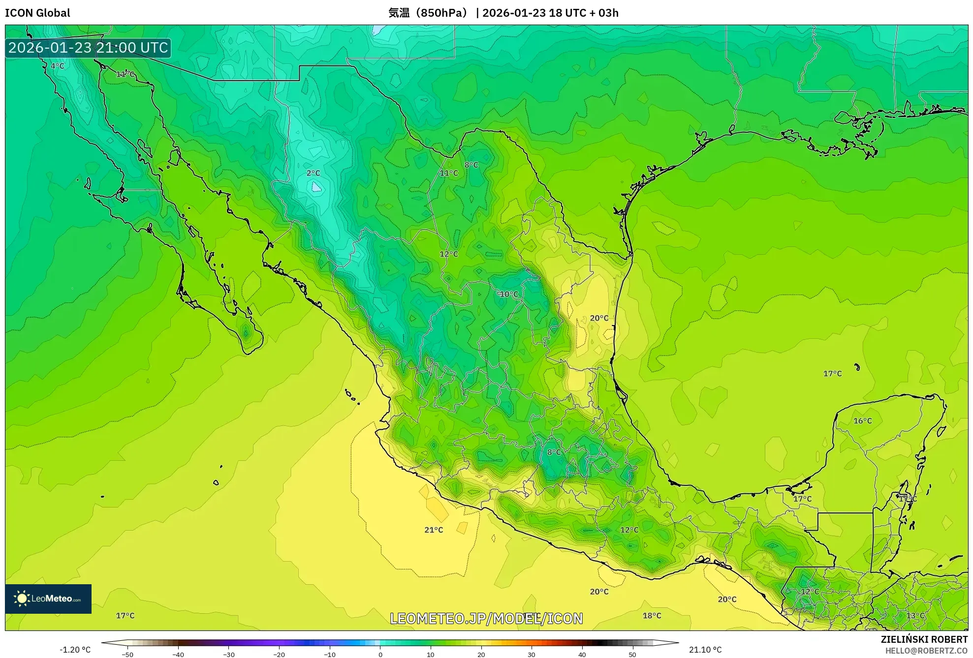 ICON model - メキシコ, 気温（850hPa）