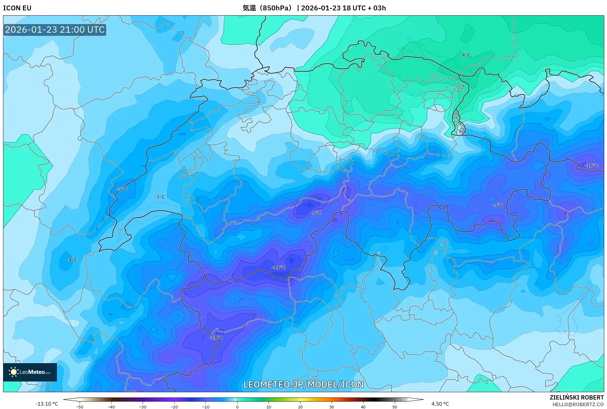 ICON model - スイス, 気温（850hPa）