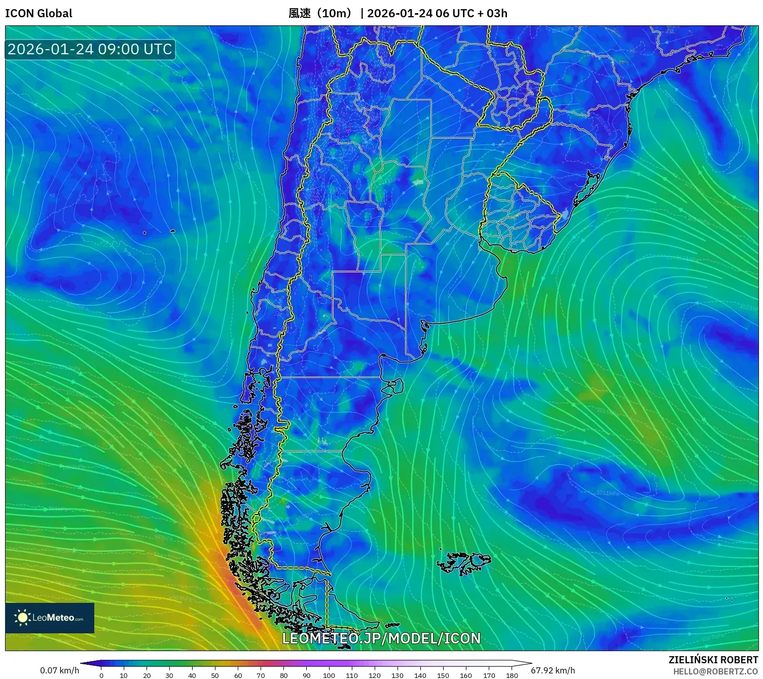 ICON model - アルゼンチン, 風速（10m）