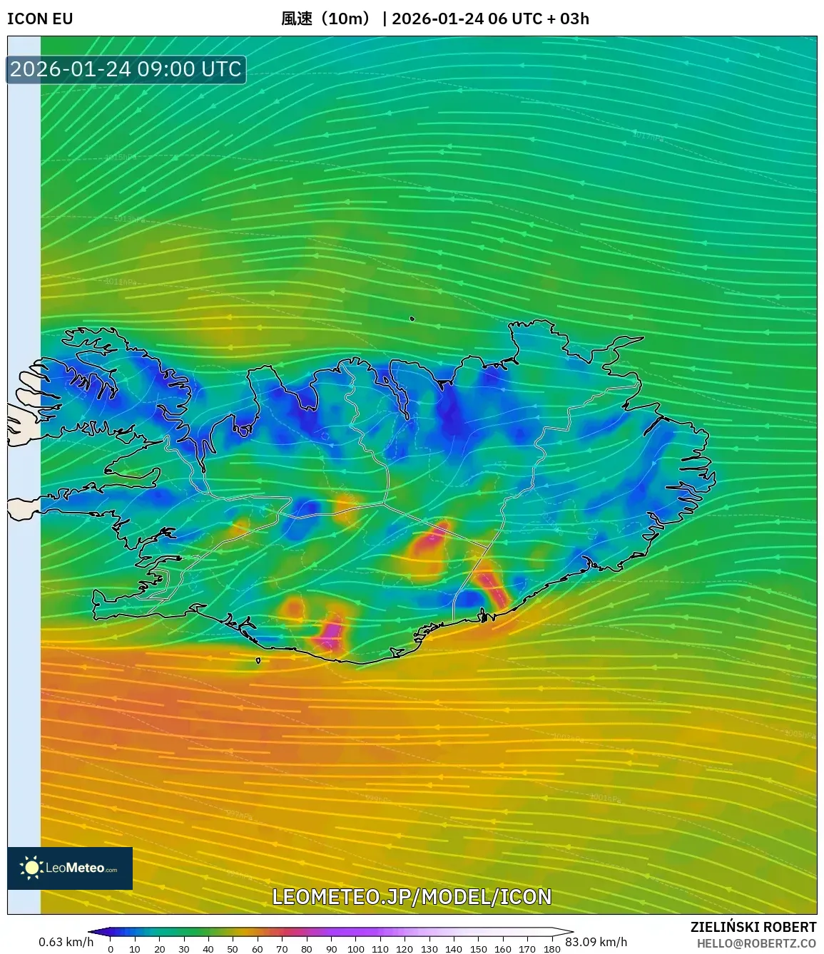 ICON model - アイスランド, 風速（10m）