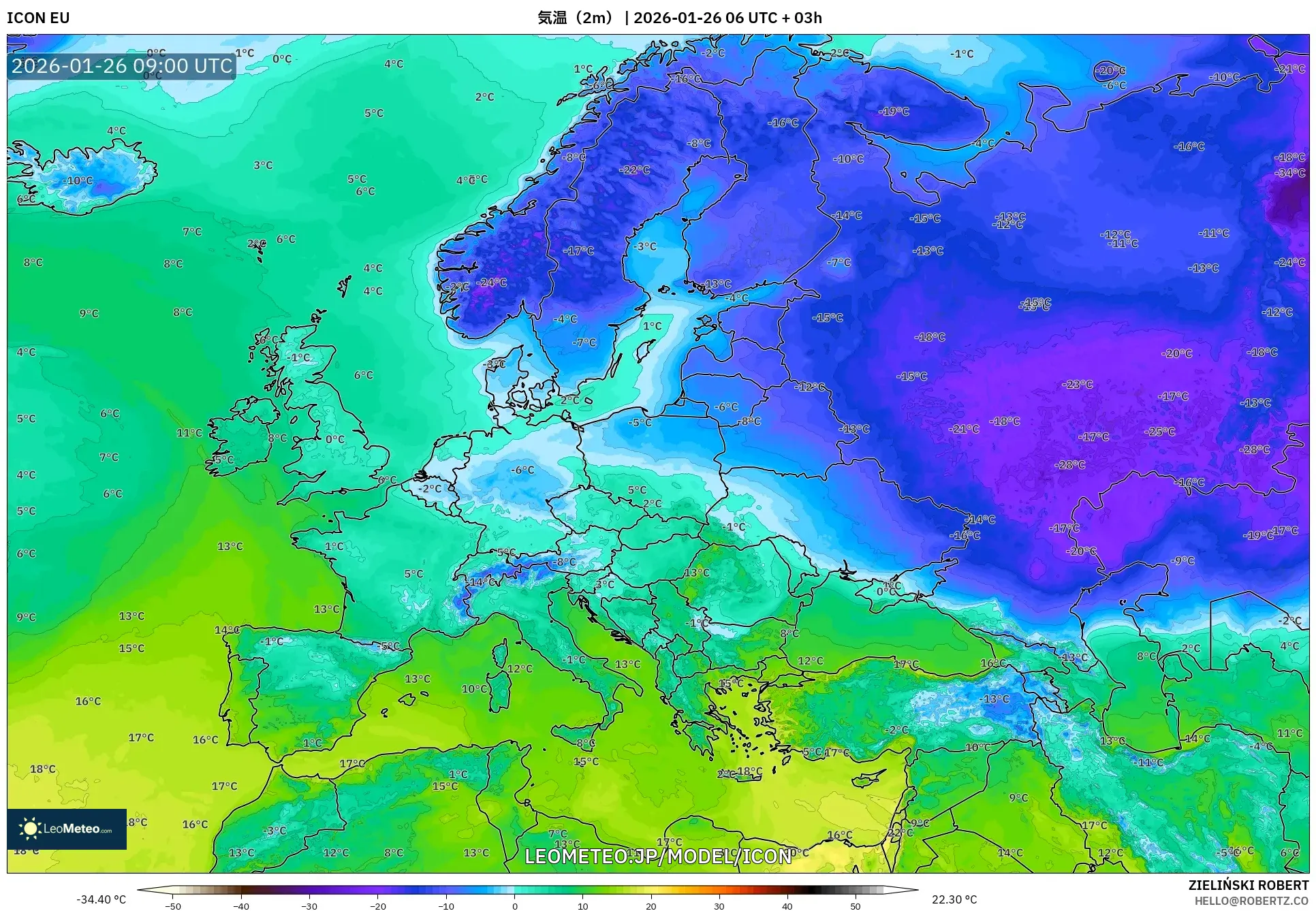 ICON model - ヨーロッパ, 気温（2m）