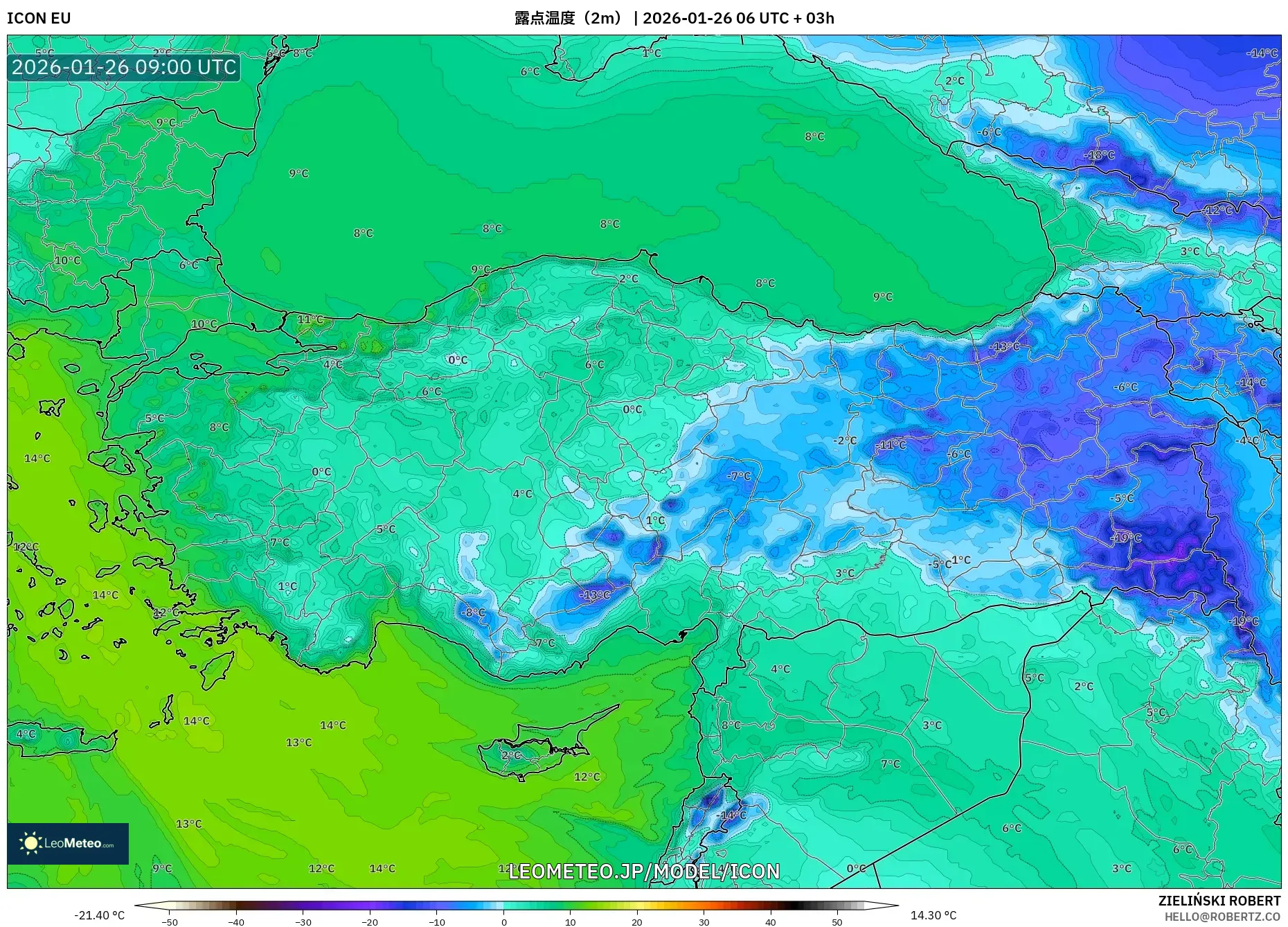 ICON model - トルコ, 露点温度（2m）