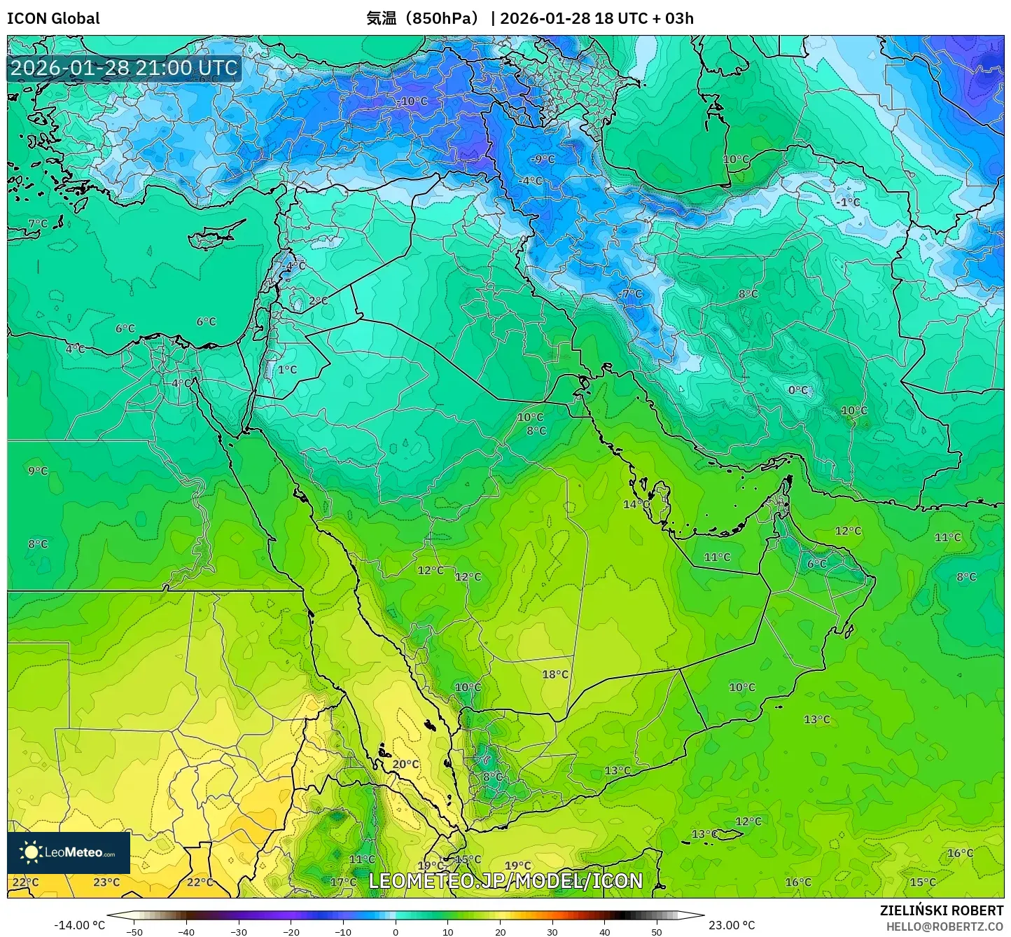 ICON model - 中東, 気温（850hPa）