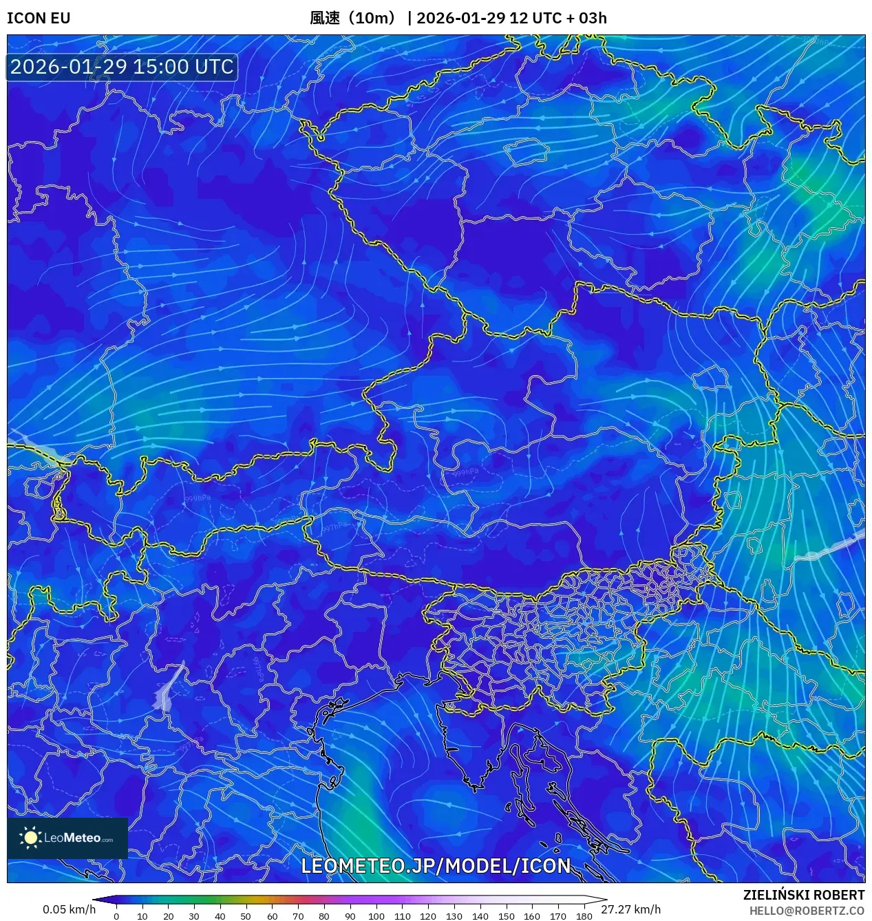 ICON model - オーストリア, 風速（10m）