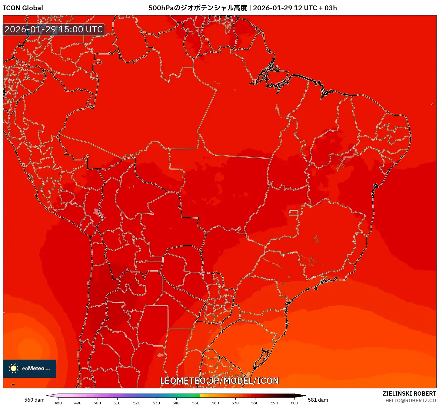 ICON model - ブラジル, 500hPaのジオポテンシャル高度