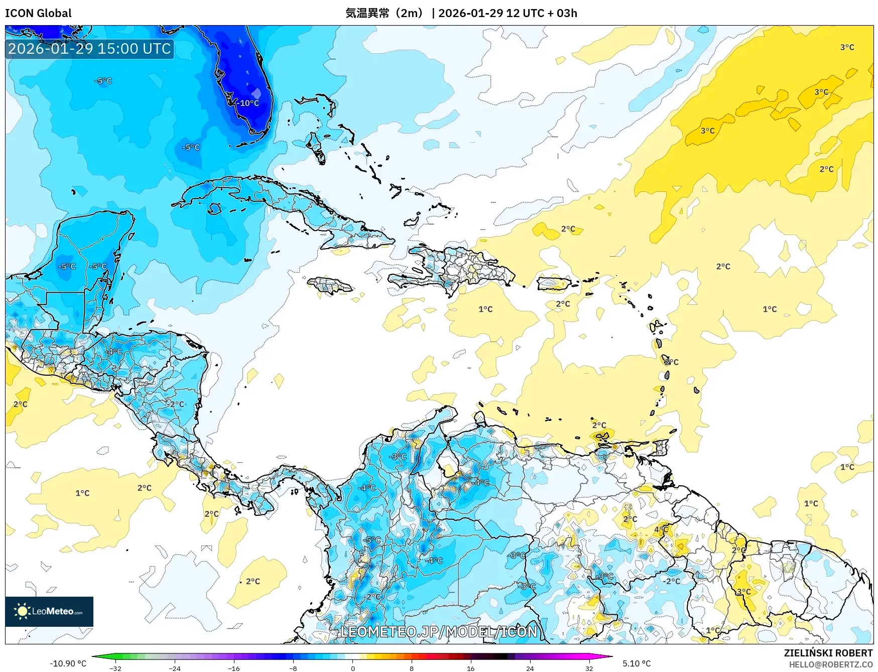 ICON model - カリブ海, 気温異常（2m）