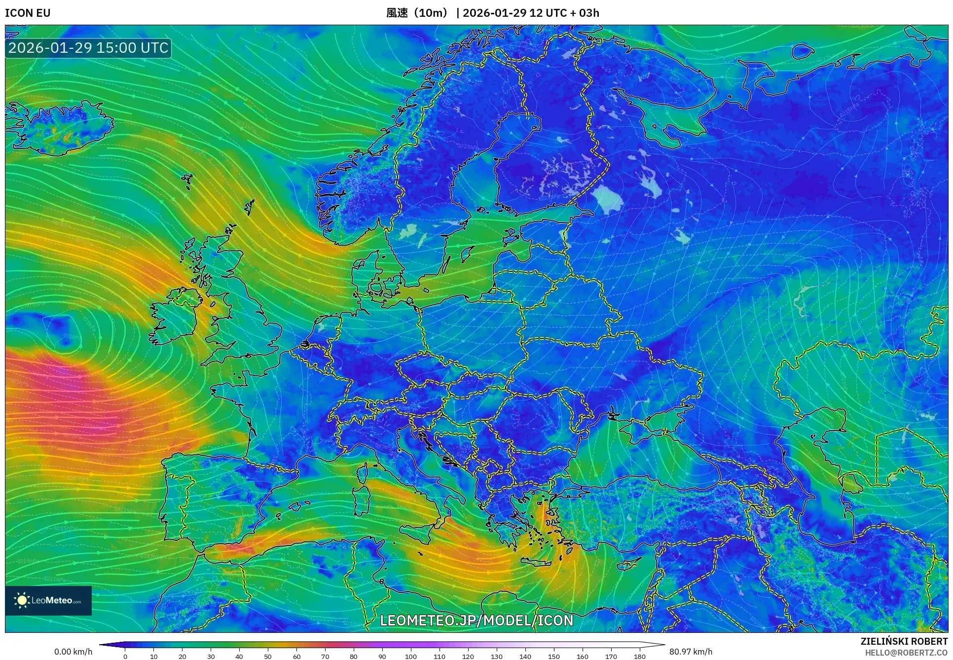 ICON model - ヨーロッパ, 風速（10m）