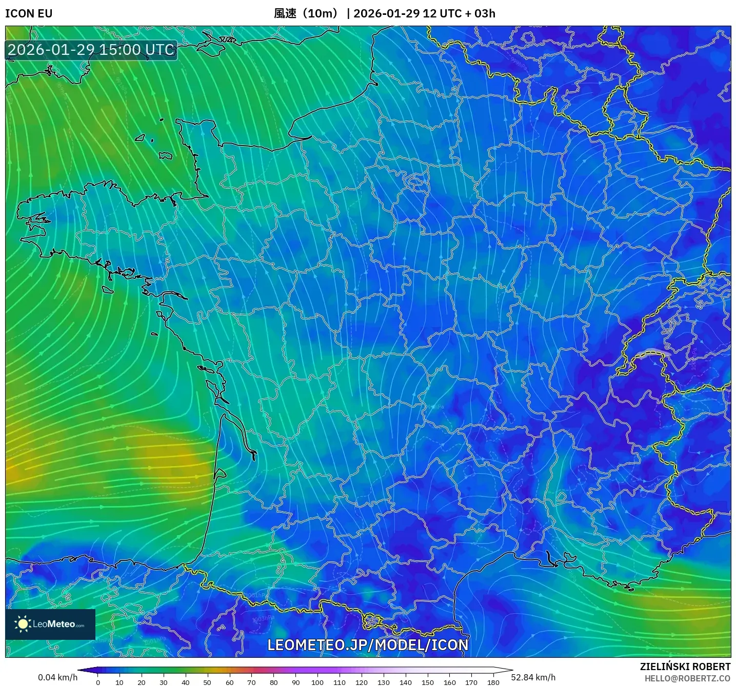 ICON model - フランス, 風速（10m）