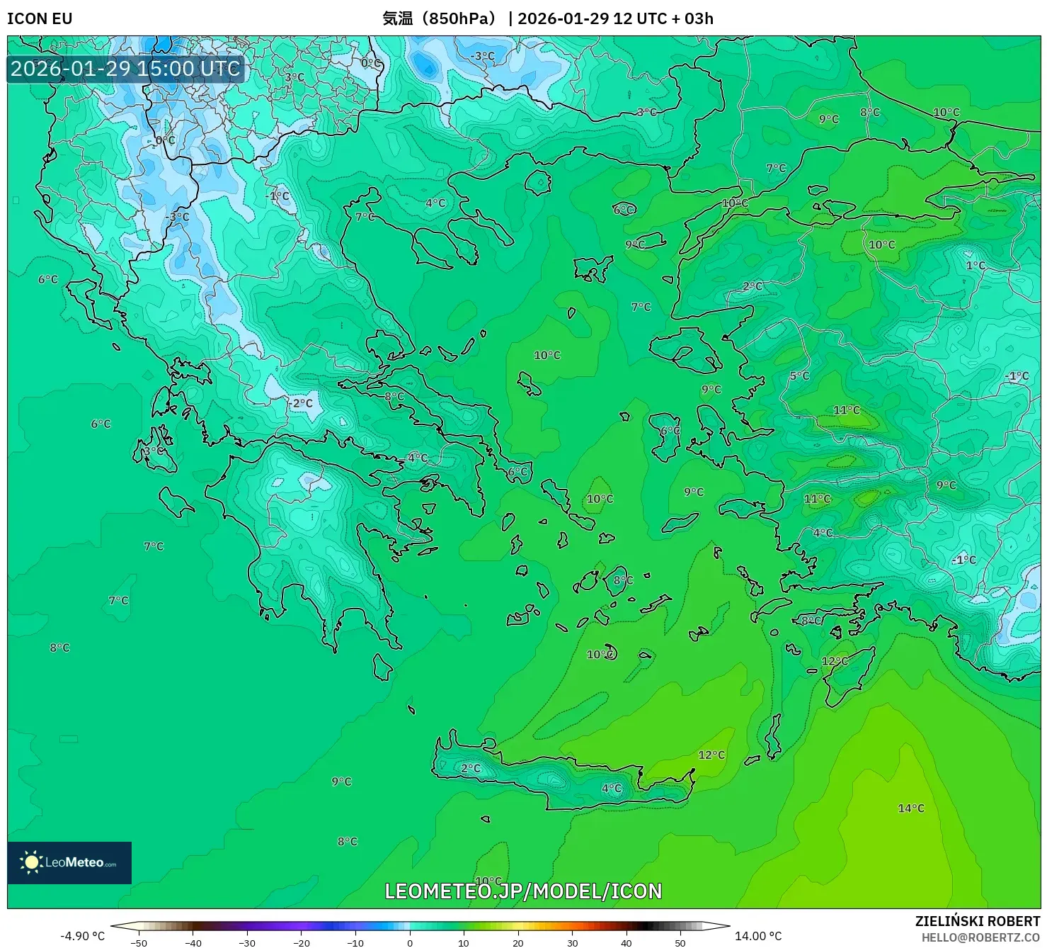 ICON model - ギリシャ, 気温（850hPa）